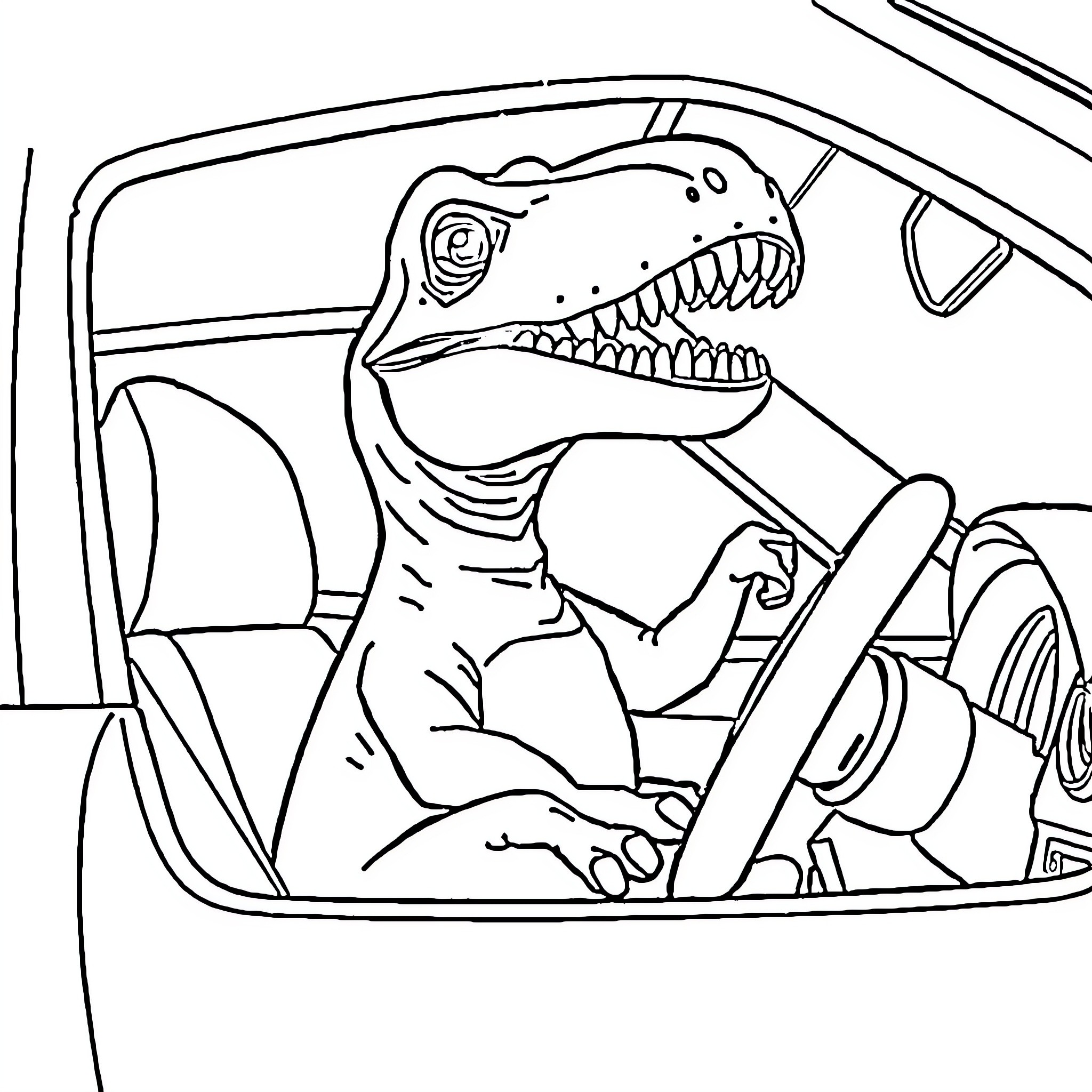 T-Rex driving a car with excitement Coloring Page (free black-and-white line drawing printable PDF for all, from beginners to advanced learners, including children, teens, adults, and seniors)