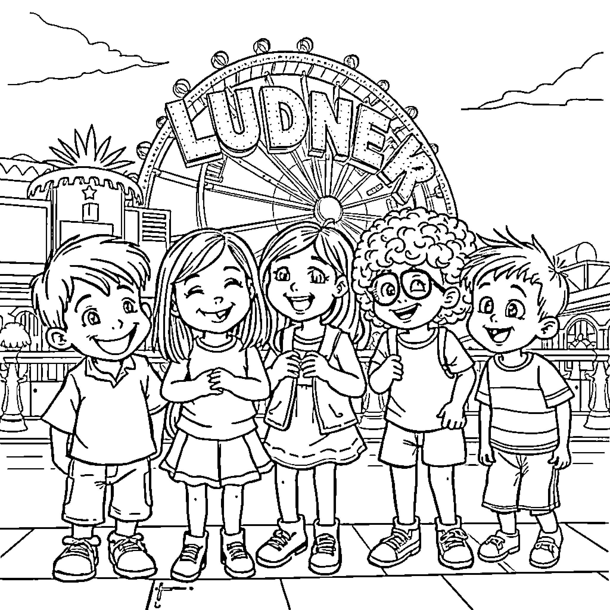 Child friends enjoying carnival amusement park Coloring Page (free black-and-white line drawing printable PDF for all, from beginners to advanced learners, including children, teens, adults, and seniors)