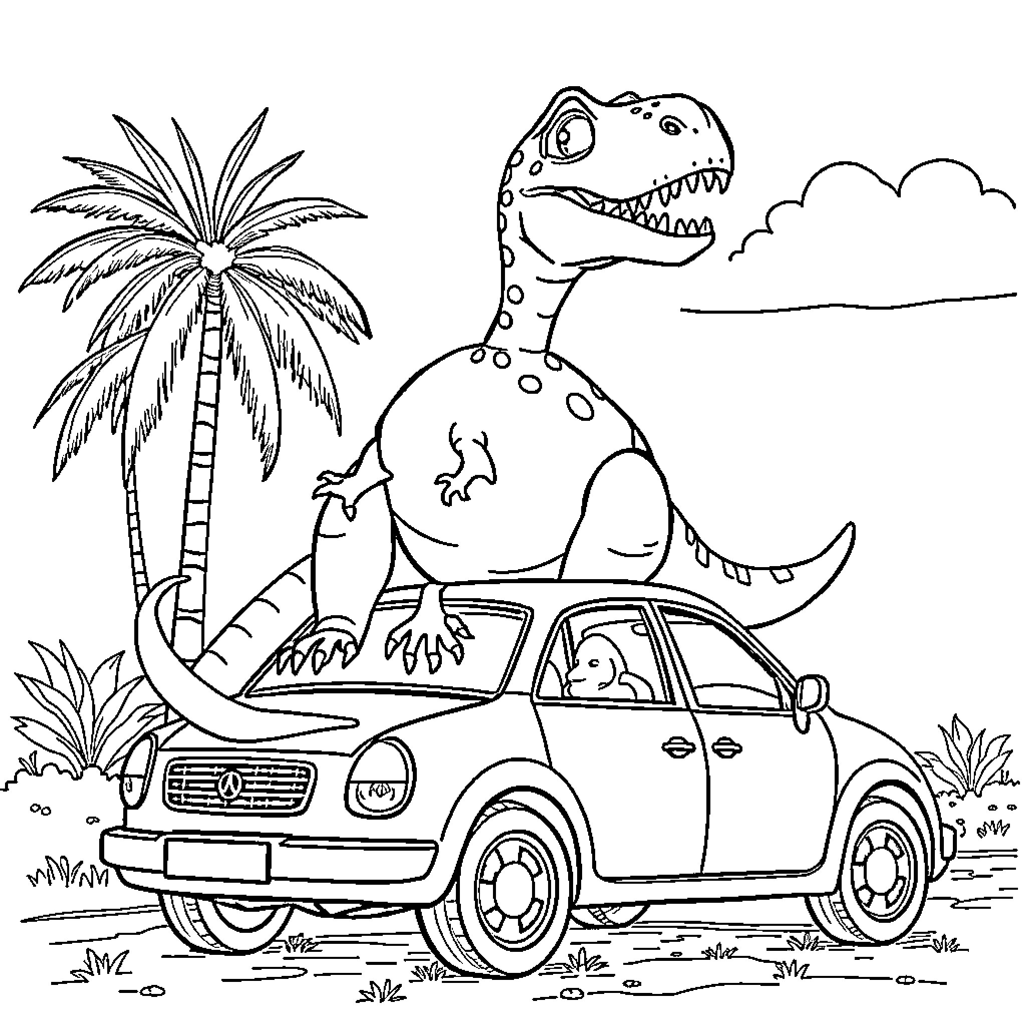 Dinosaur driving a car on a tropical adventure Coloring Page (free black-and-white line drawing printable PDF for all, from beginners to advanced learners, including children, teens, adults, and seniors)