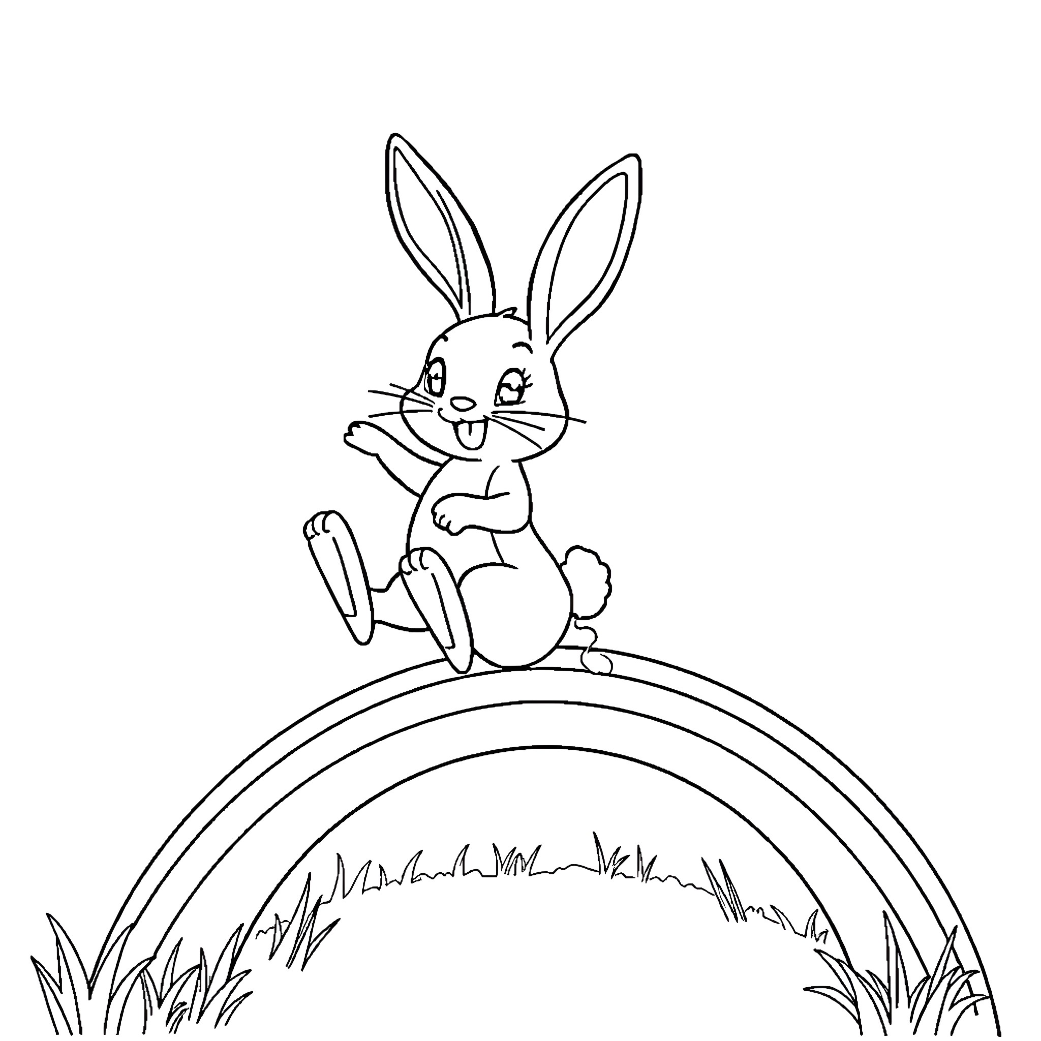 Bunny sitting atop a rainbow Coloring Page (free black-and-white line drawing printable PDF for all, from beginners to advanced learners, including children, teens, adults, and seniors)