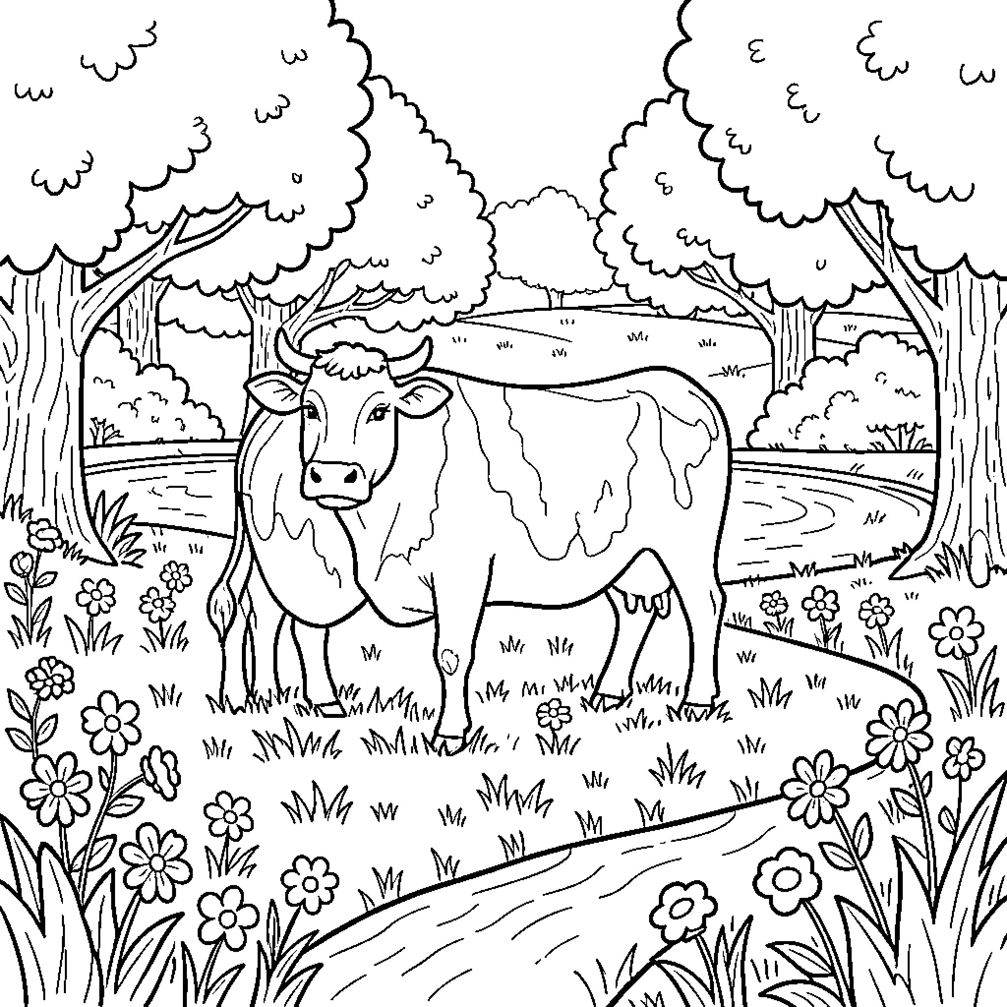 Vaca standing peacefully in a flowery meadow Coloring Page (free black-and-white line drawing printable PDF for all, from beginners to advanced learners, including children, teens, adults, and seniors)
