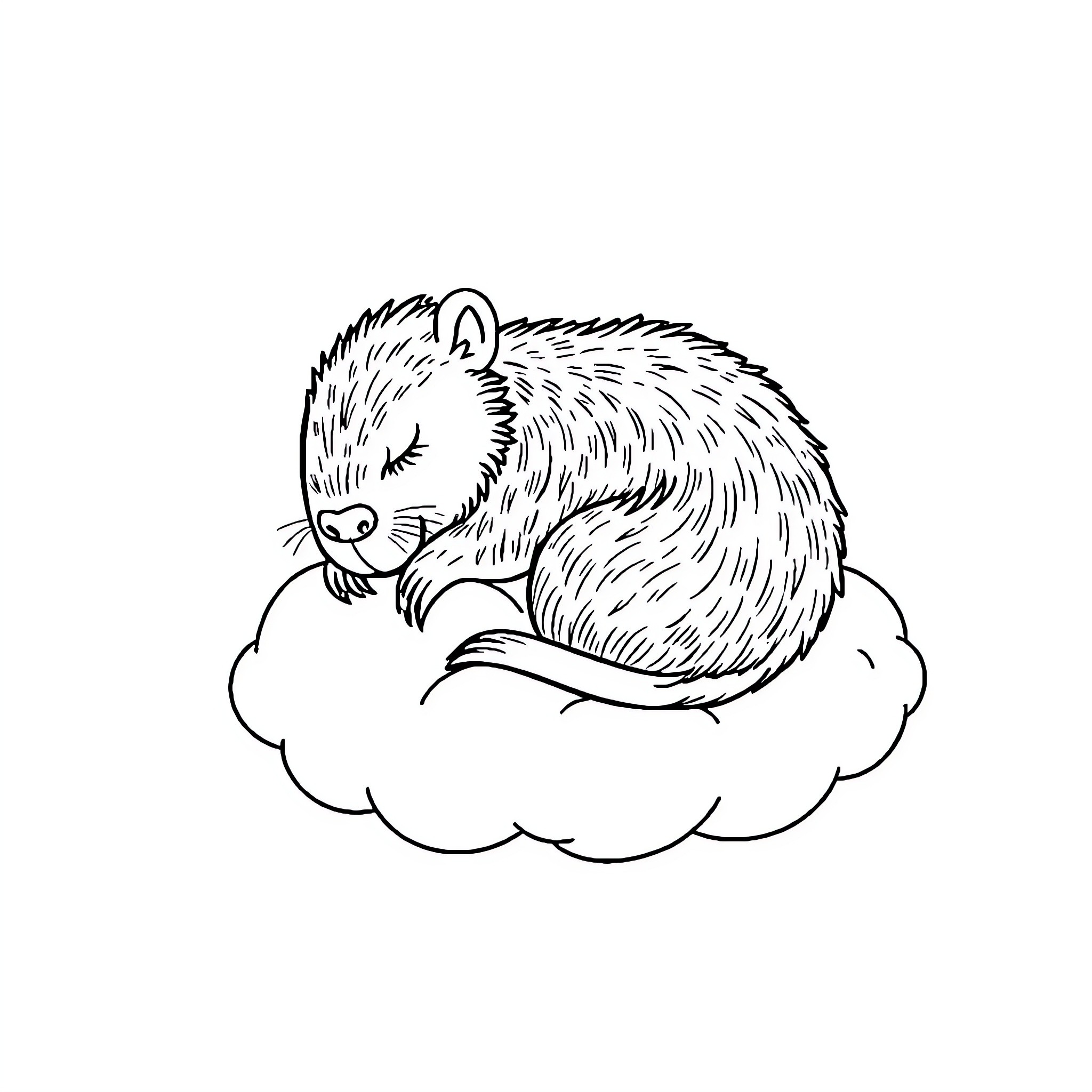 Capybara sleeping peacefully on a cloud Coloring Page (free black-and-white line drawing printable PDF for all, from beginners to advanced learners, including children, teens, adults, and seniors)