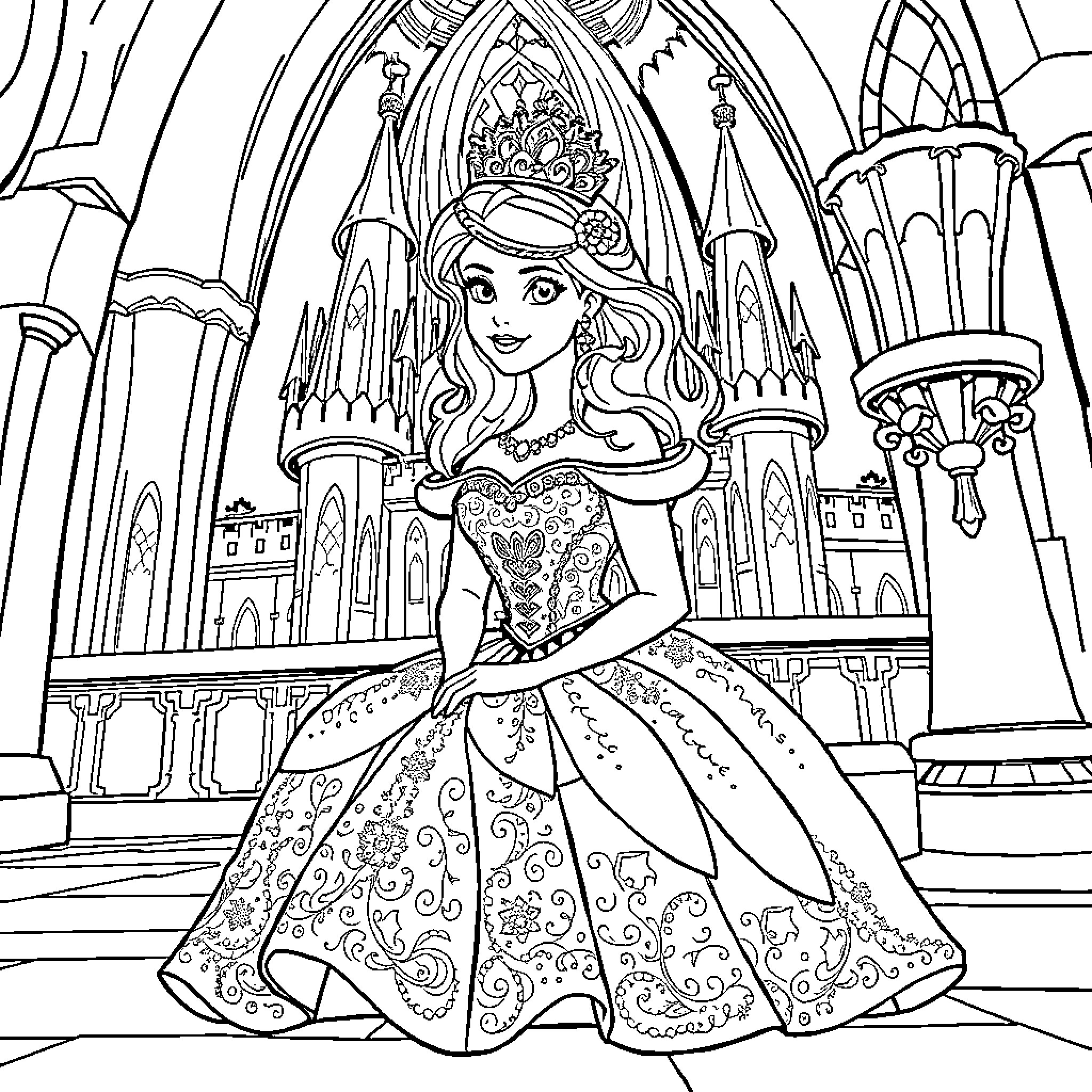 Princess in a Magnificent Royal Palace Coloring Page (free black-and-white line drawing printable PDF for all, from beginners to advanced learners, including children, teens, adults, and seniors)