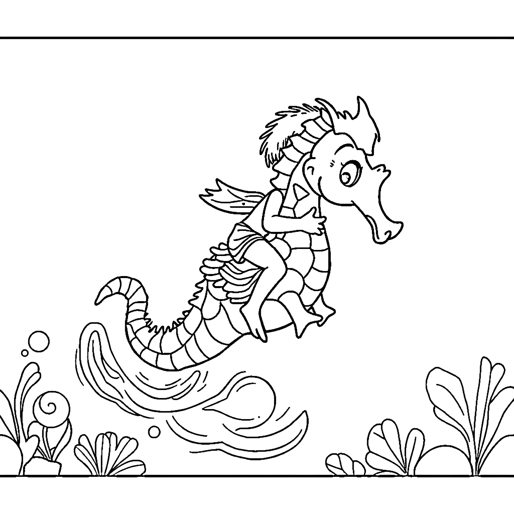 Seahorse swimming through an underwater garden Coloring Page (free black-and-white line drawing printable PDF for all, from beginners to advanced learners, including children, teens, adults, and seniors)