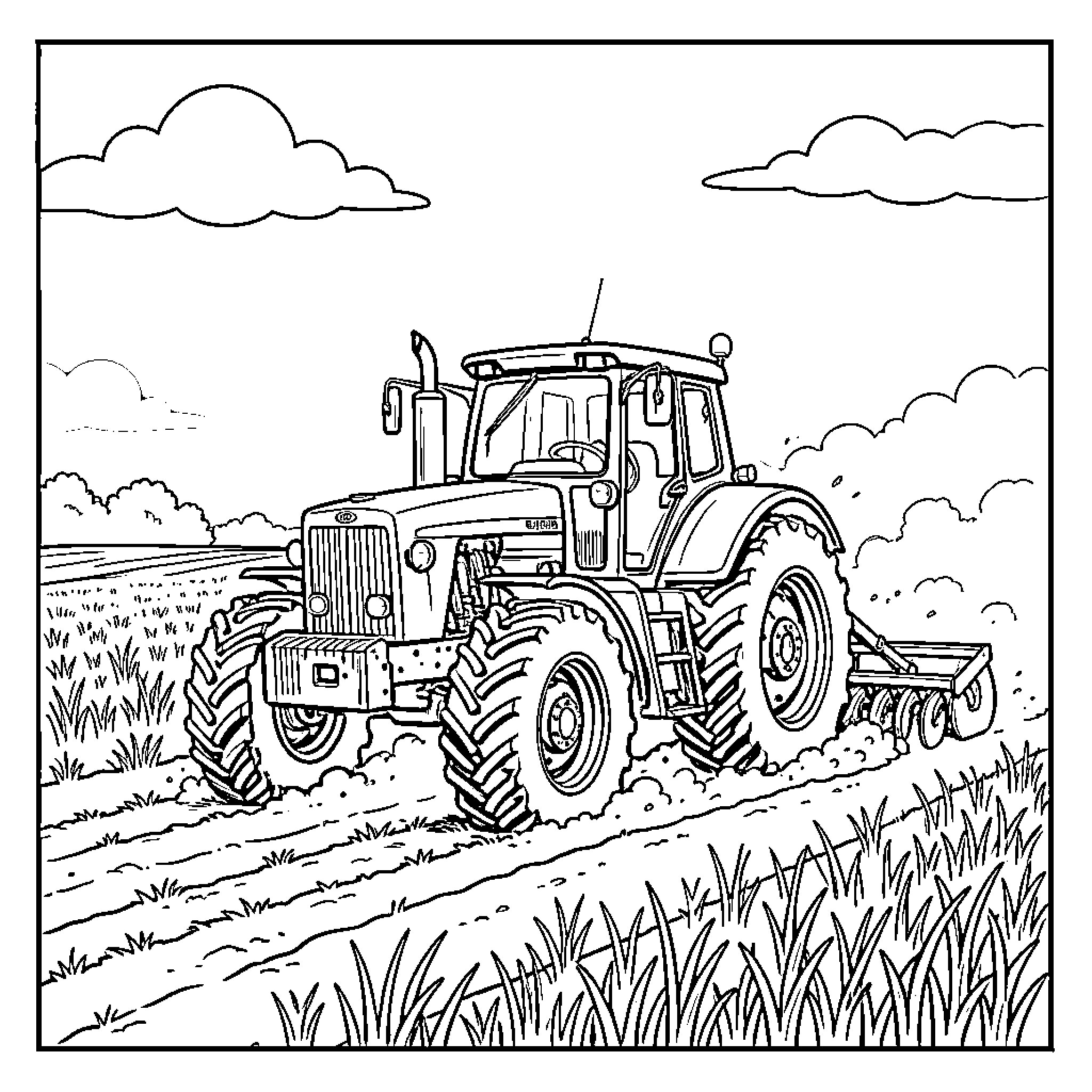 Tractor Plowing Through the Fields Coloring Page (free black-and-white line drawing printable PDF for all, from beginners to advanced learners, including children, teens, adults, and seniors)