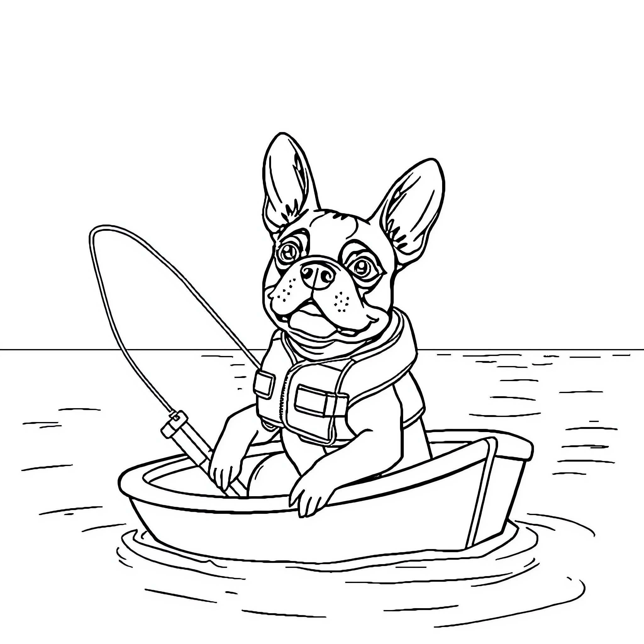 Boston Terrier fishing in a boat Coloring Page (free black-and-white line drawing printable PDF for all, from beginners to advanced learners, including children, teens, adults, and seniors)