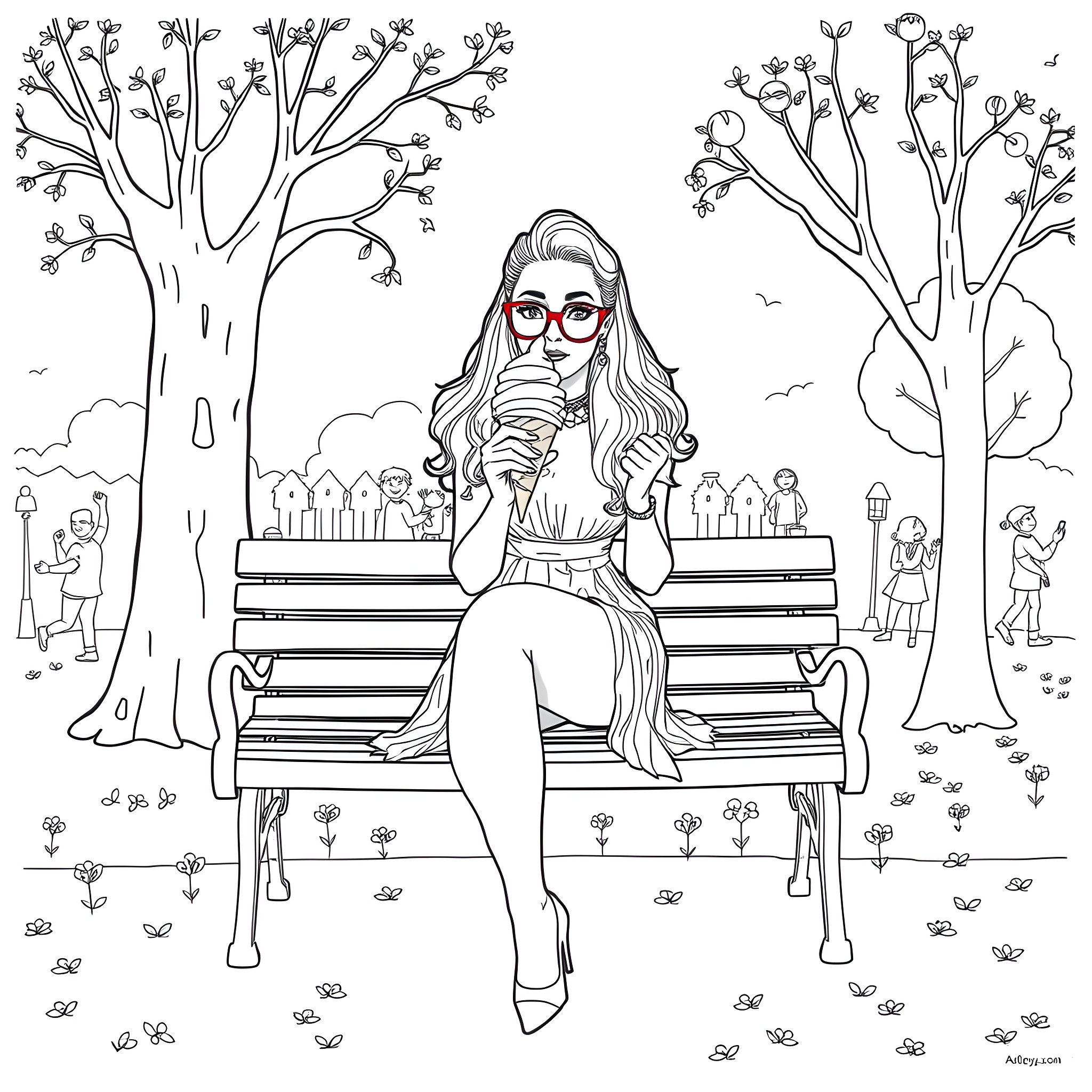 Lady Gaga relaxing on a park bench Coloring Page (free black-and-white line drawing printable PDF for all, from beginners to advanced learners, including children, teens, adults, and seniors)