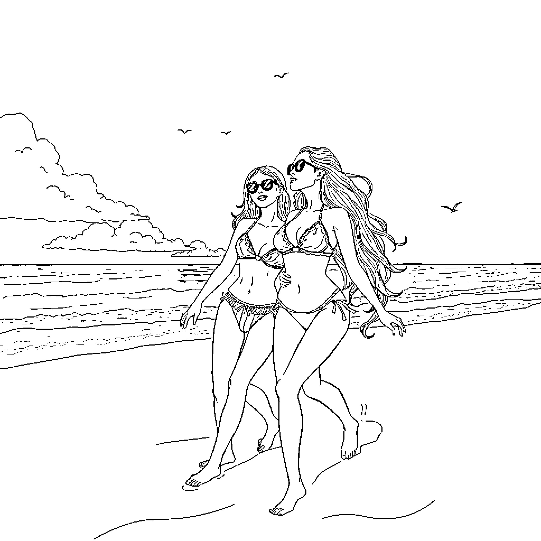 Gatubela friends enjoying a day at the beach Coloring Page (free black-and-white line drawing printable PDF for all, from beginners to advanced learners, including children, teens, adults, and seniors)