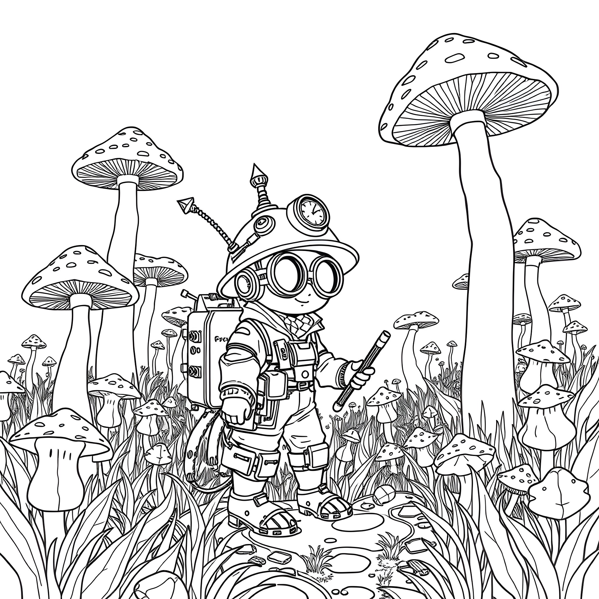 Explorer Discovering Whimsical Mushroom World Coloring Page (free black-and-white line drawing printable PDF for all, from beginners to advanced learners, including children, teens, adults, and seniors)