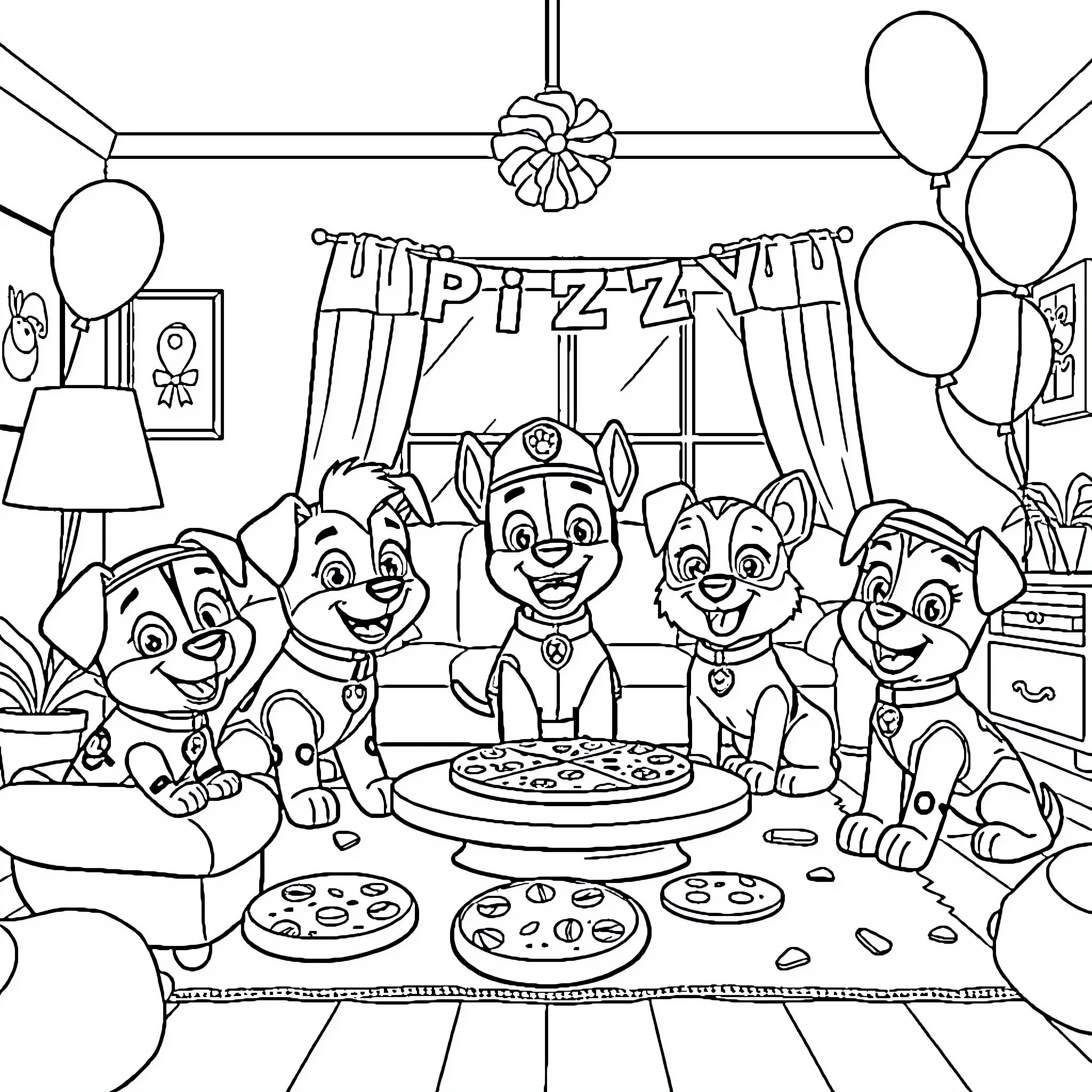 Paw Patrol Puppies Celebrating with Pizza Party Coloring Page (free black-and-white line drawing printable PDF for all, from beginners to advanced learners, including children, teens, adults, and seniors)