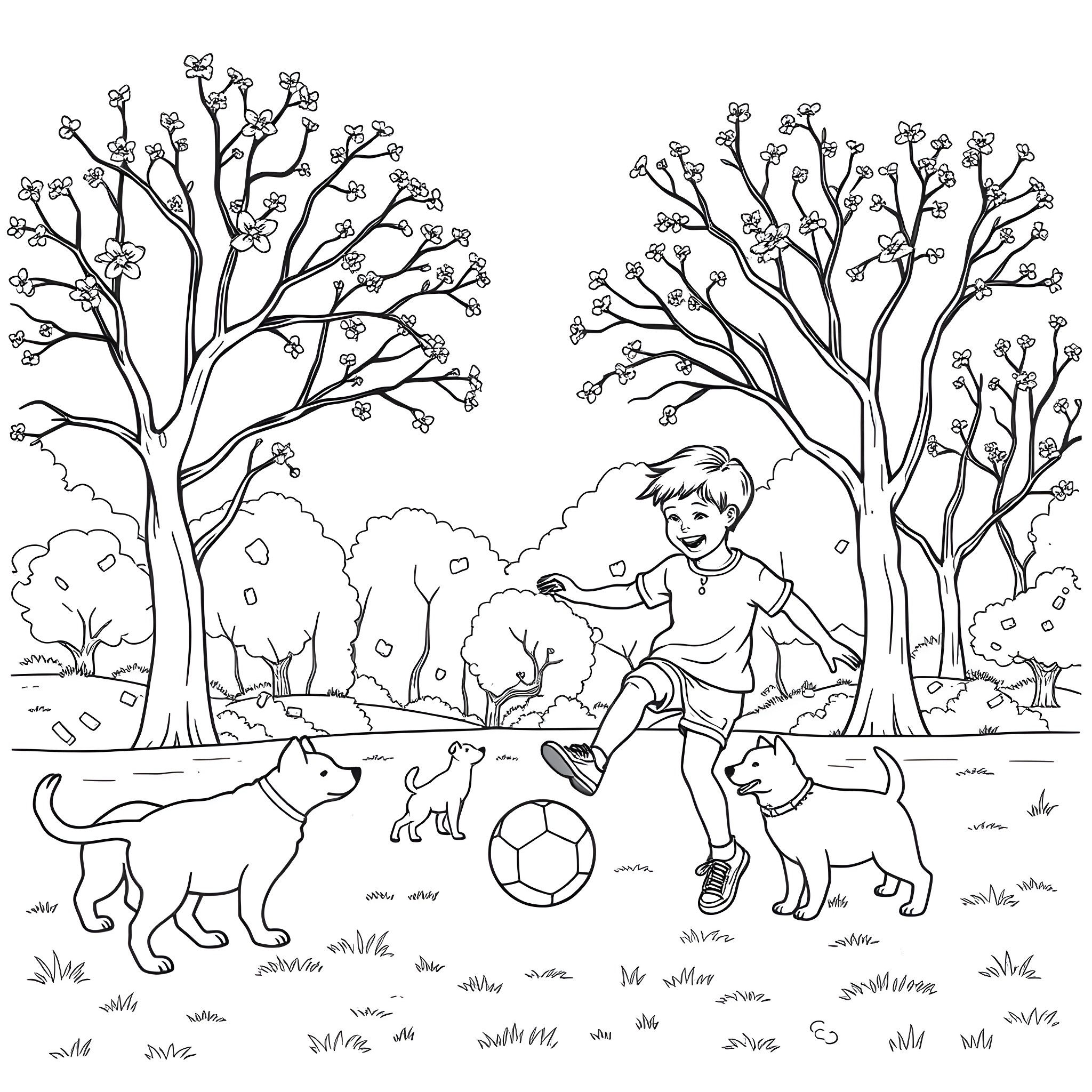 Mother and children playing with dogs in the park Coloring Page (free black-and-white line drawing printable PDF for all, from beginners to advanced learners, including children, teens, adults, and seniors)