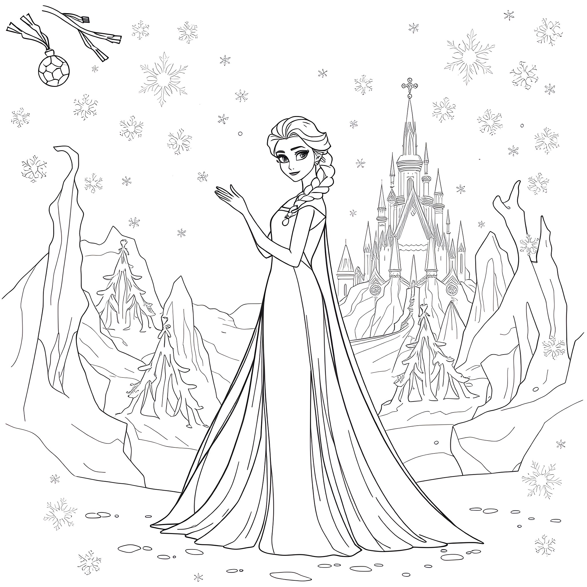 Elsa in a Magical Winter Wonderland Coloring Page (free black-and-white line drawing printable PDF for all, from beginners to advanced learners, including children, teens, adults, and seniors)