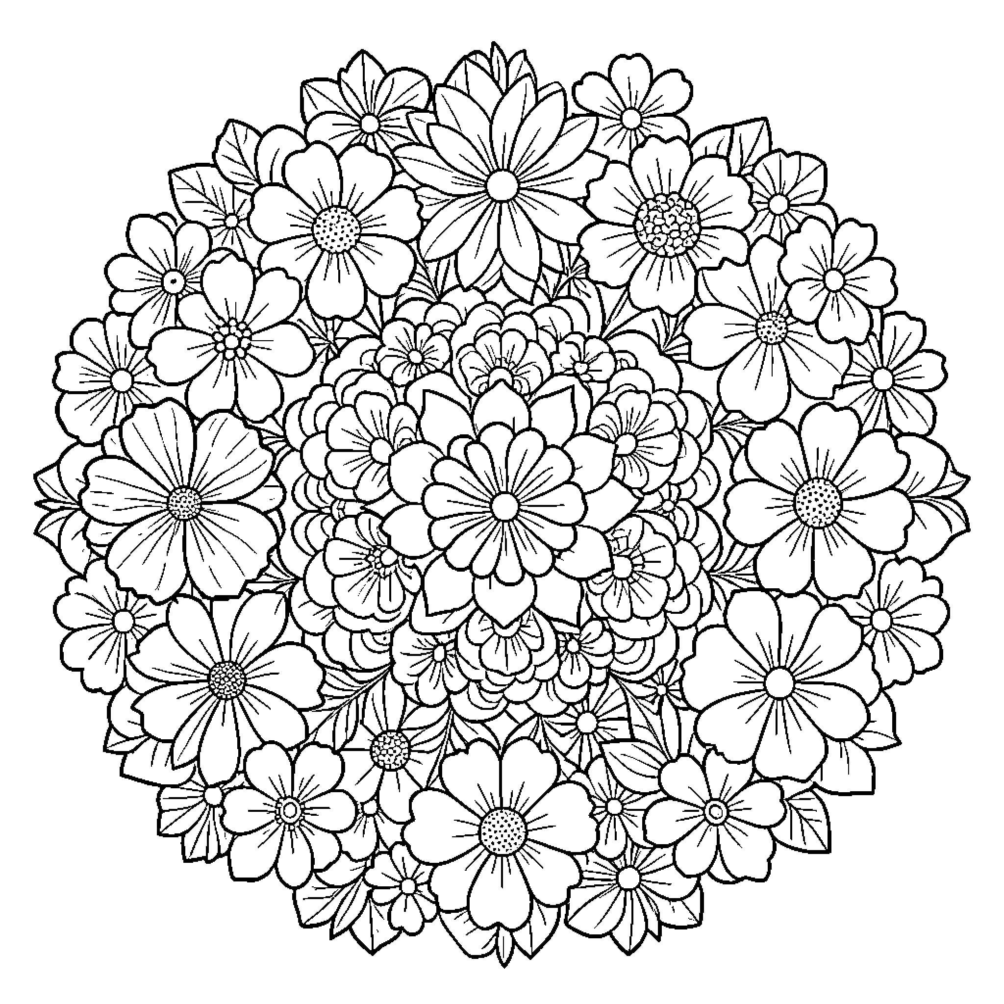Flower Bouquet in Black and White Coloring Page (free black-and-white line drawing printable PDF for all, from beginners to advanced learners, including children, teens, adults, and seniors)
