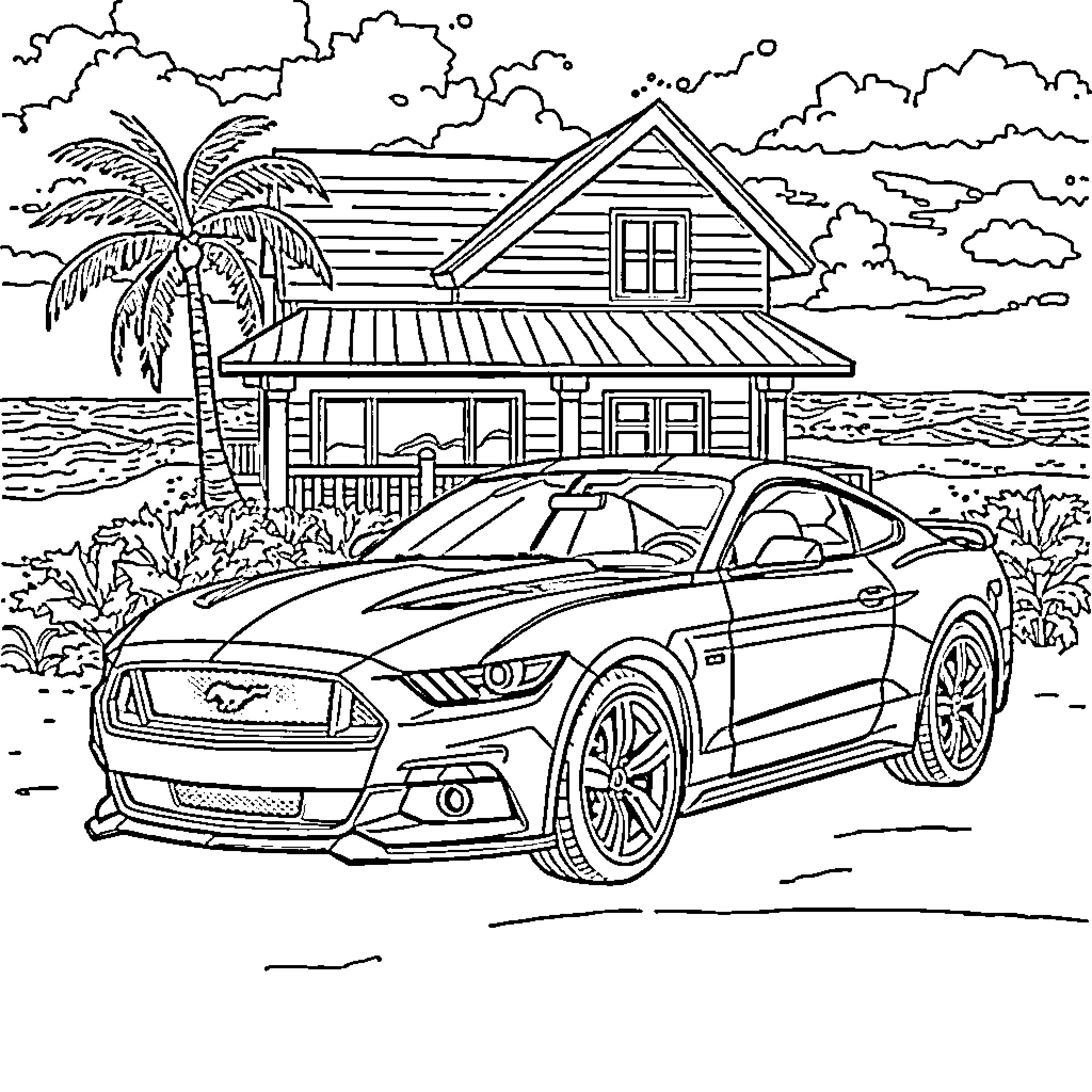 Mustang sports car in tropical paradise Coloring Page (free black-and-white line drawing printable PDF for all, from beginners to advanced learners, including children, teens, adults, and seniors)