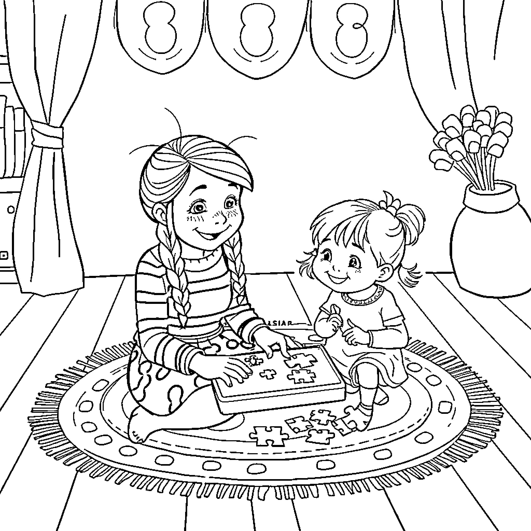 Pippi Longstocking and Friend Solving Puzzles Together Coloring Page (free black-and-white line drawing printable PDF for all, from beginners to advanced learners, including children, teens, adults, and seniors)