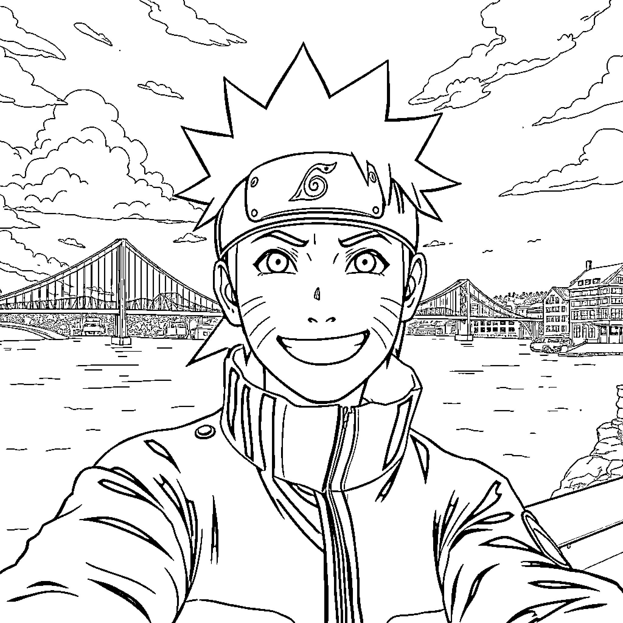 Naruto's cheerful expression in an urban setting Coloring Page (free black-and-white line drawing printable PDF for all, from beginners to advanced learners, including children, teens, adults, and seniors)