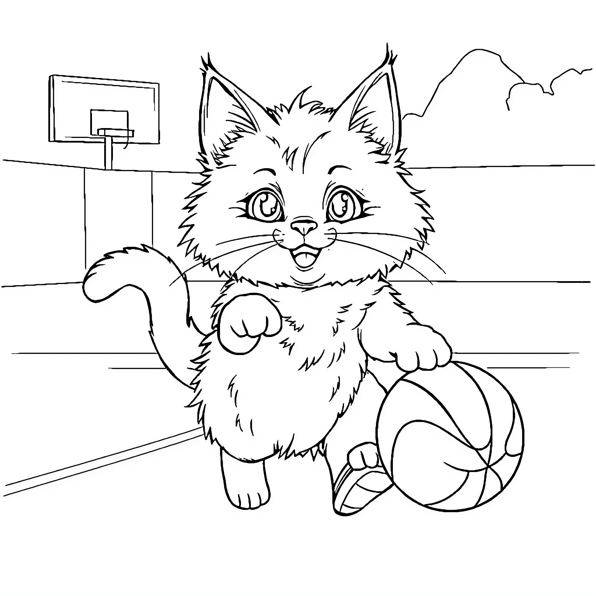 Cat playing with basketball in the court Coloring Page (free black-and-white line drawing printable PDF for all, from beginners to advanced learners, including children, teens, adults, and seniors)