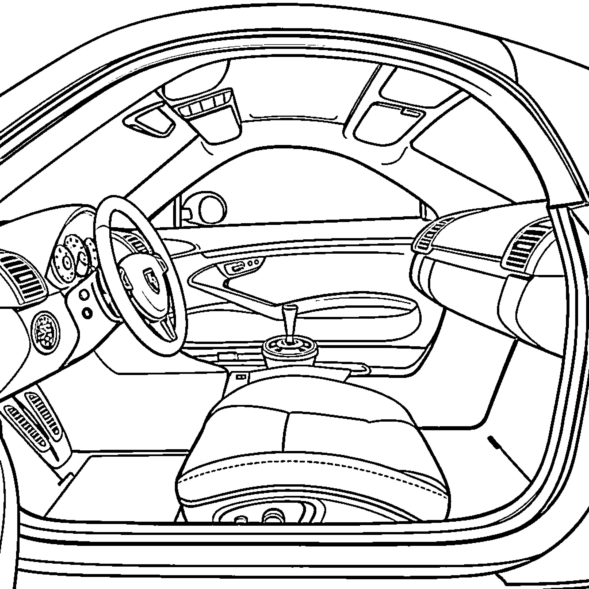 Porsche sports car interior with steering wheel and dashboard Coloring Page (free black-and-white line drawing printable PDF for all, from beginners to advanced learners, including children, teens, adults, and seniors)