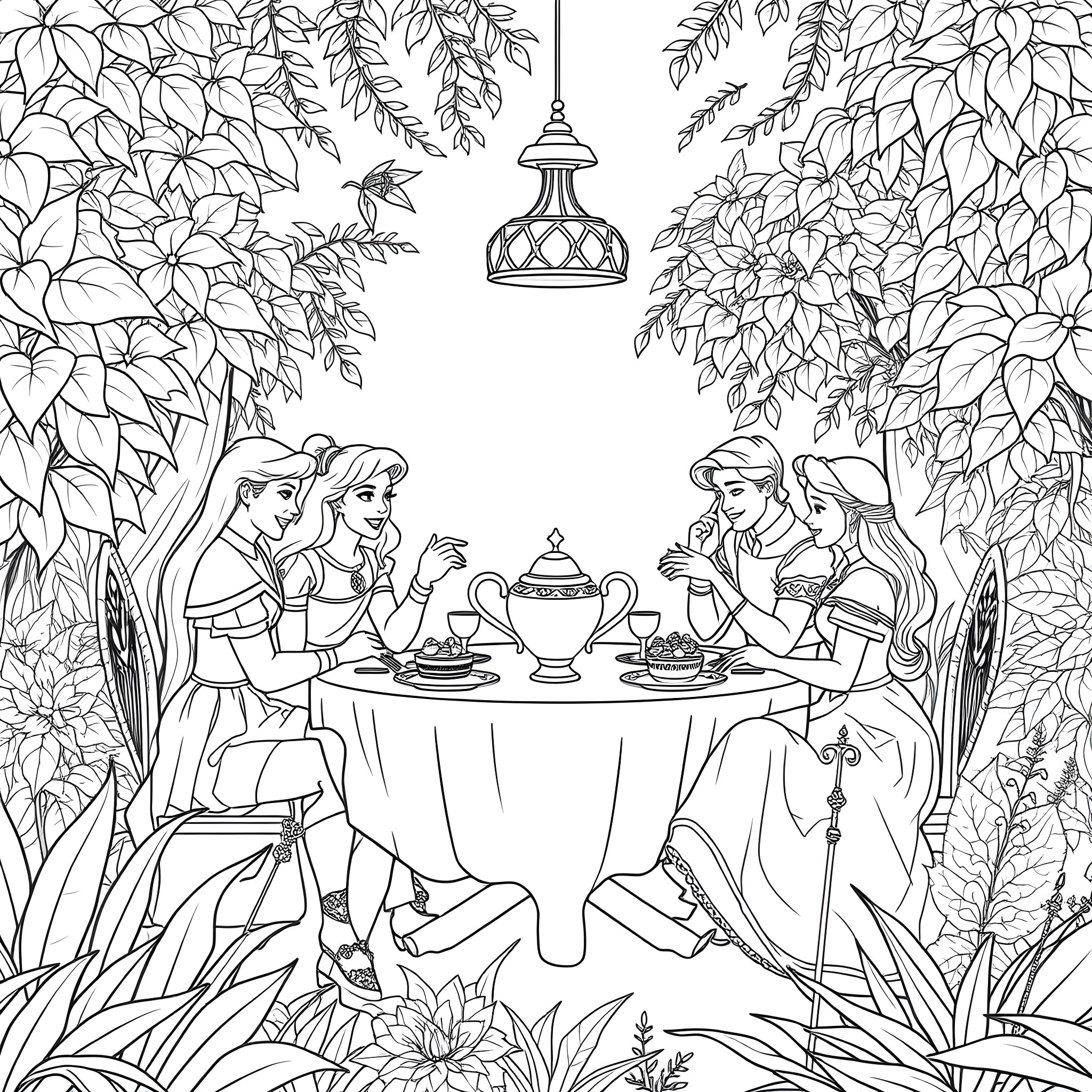Prince and Princesses Enjoying Tea Party in Enchanted Garden Coloring Page (free black-and-white line drawing printable PDF for all, from beginners to advanced learners, including children, teens, adults, and seniors)