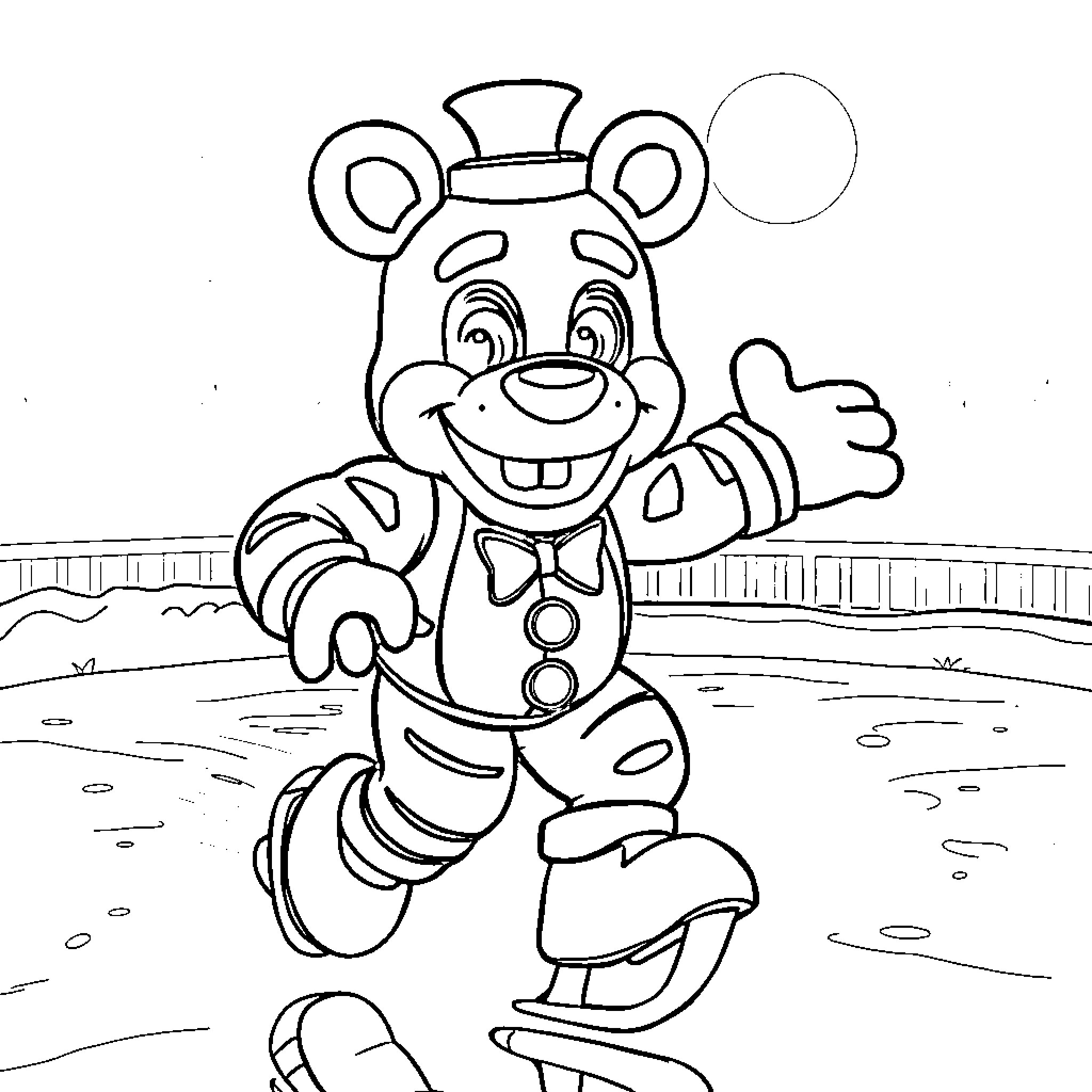 Freddy Fazbear's joyful dance in a playful scene Coloring Page (free black-and-white line drawing printable PDF for all, from beginners to advanced learners, including children, teens, adults, and seniors)