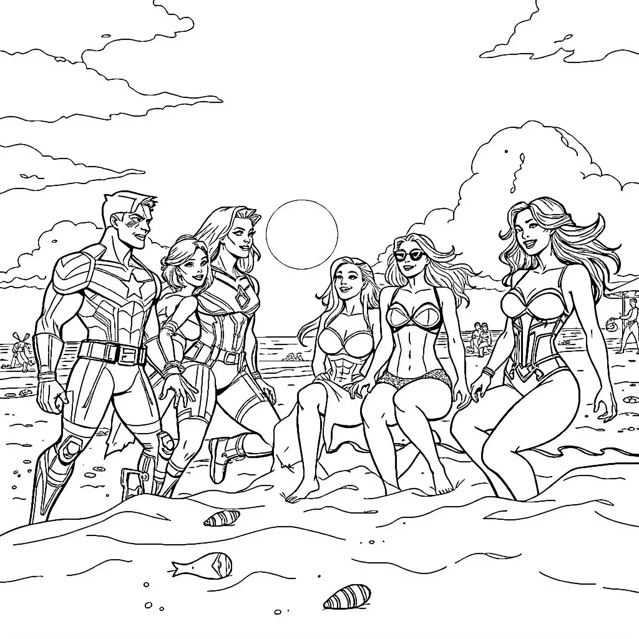 Avenger group posing for a beach day Coloring Page (free black-and-white line drawing printable PDF for all, from beginners to advanced learners, including children, teens, adults, and seniors)