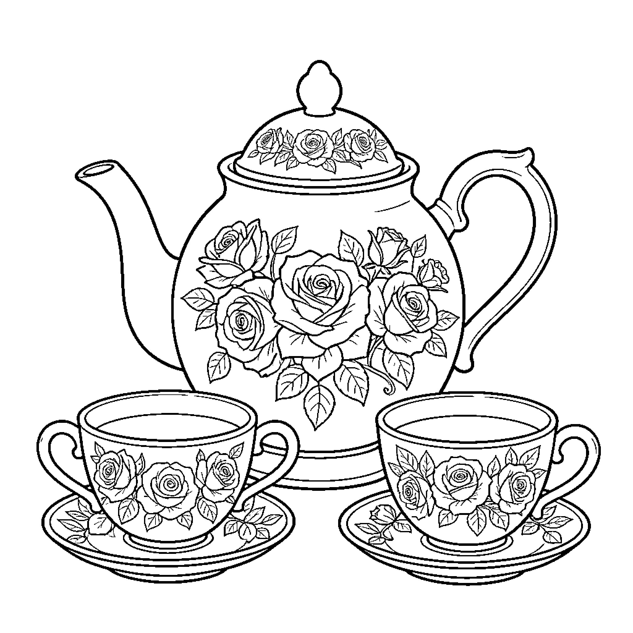 Teapot and Teacups with Floral Designs Coloring Page (free black-and-white line drawing printable PDF for all, from beginners to advanced learners, including children, teens, adults, and seniors)