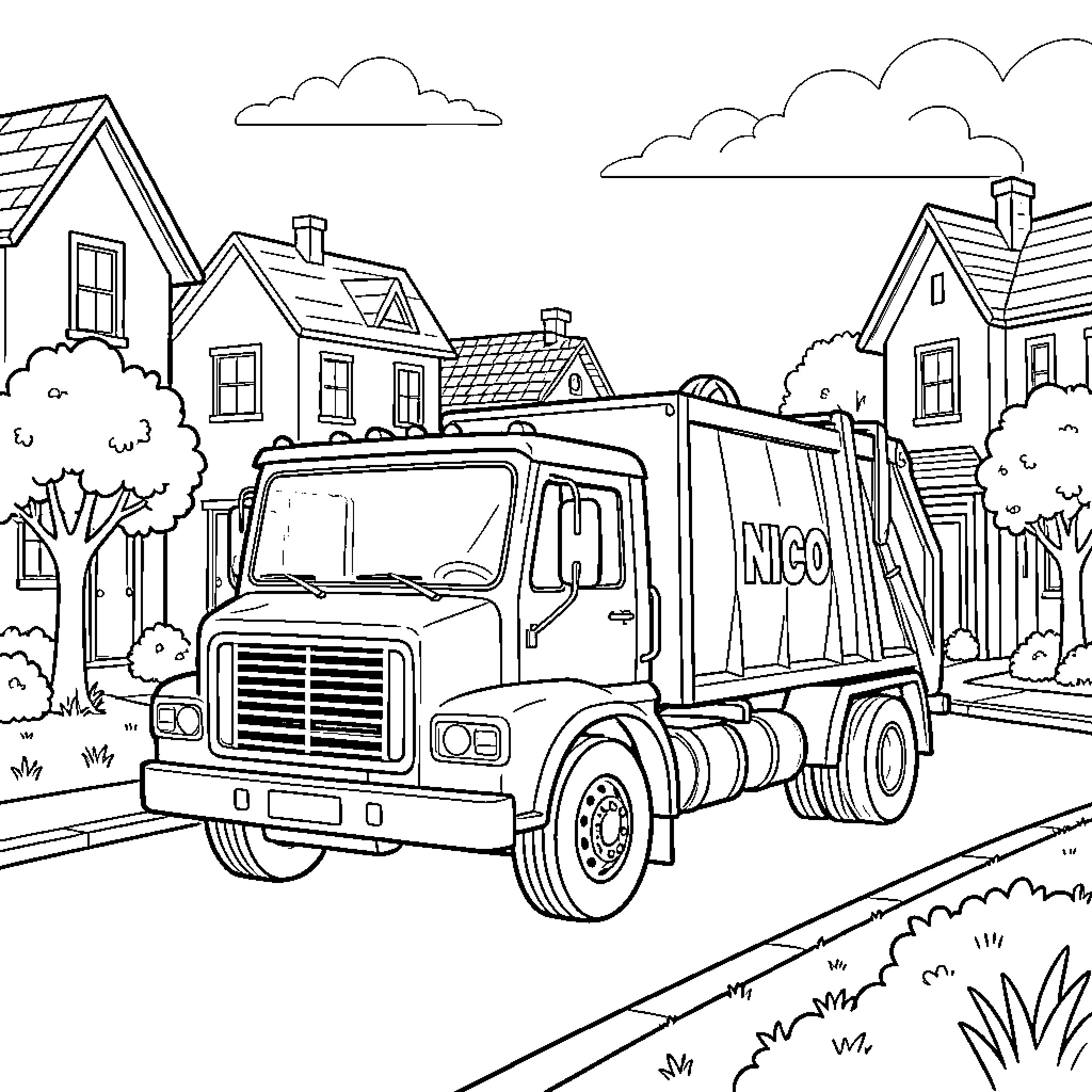 Nico driving a large garbage truck through a neighborhood Coloring Page (free black-and-white line drawing printable PDF for all, from beginners to advanced learners, including children, teens, adults, and seniors)