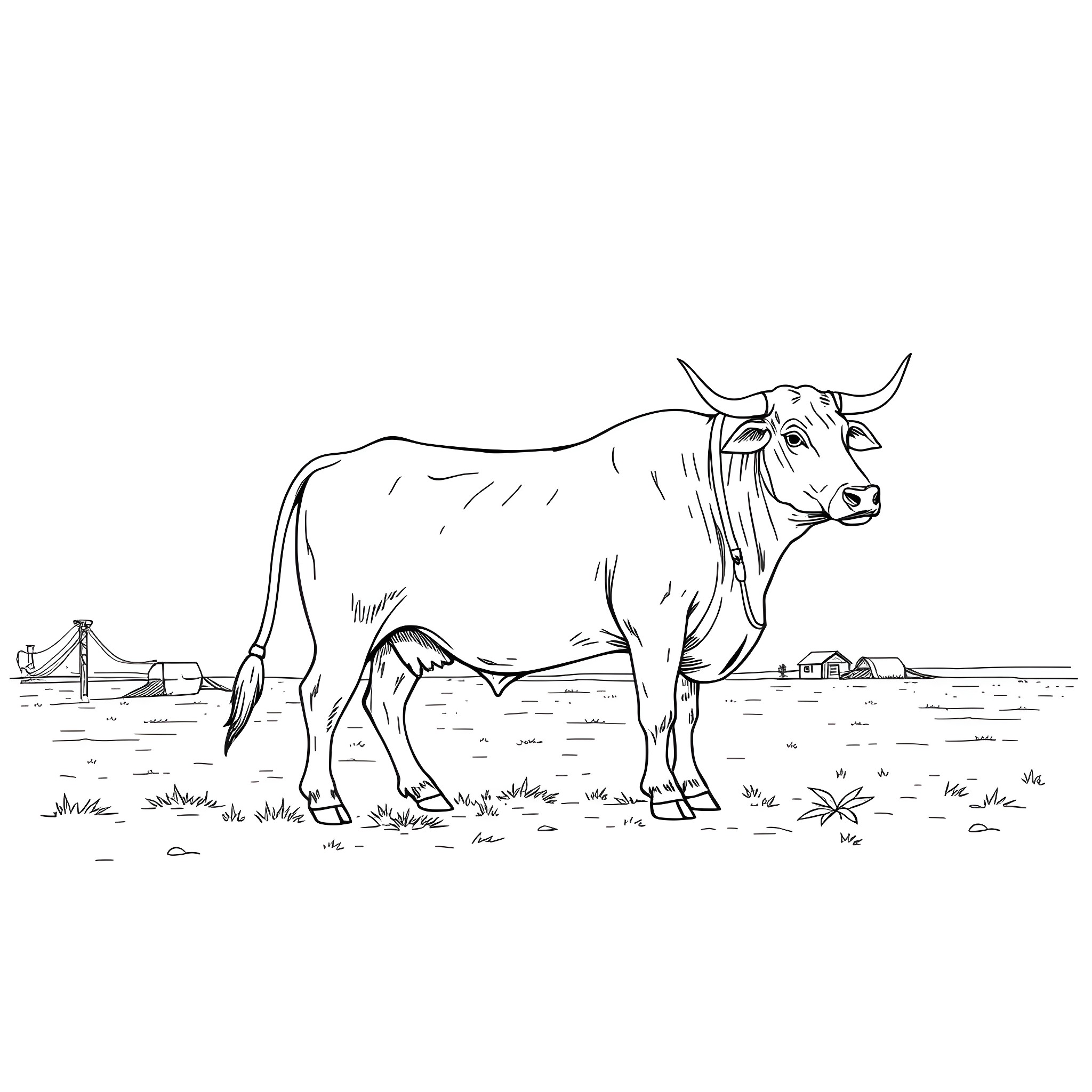 Ox grazing in a rural landscape Coloring Page (free black-and-white line drawing printable PDF for all, from beginners to advanced learners, including children, teens, adults, and seniors)