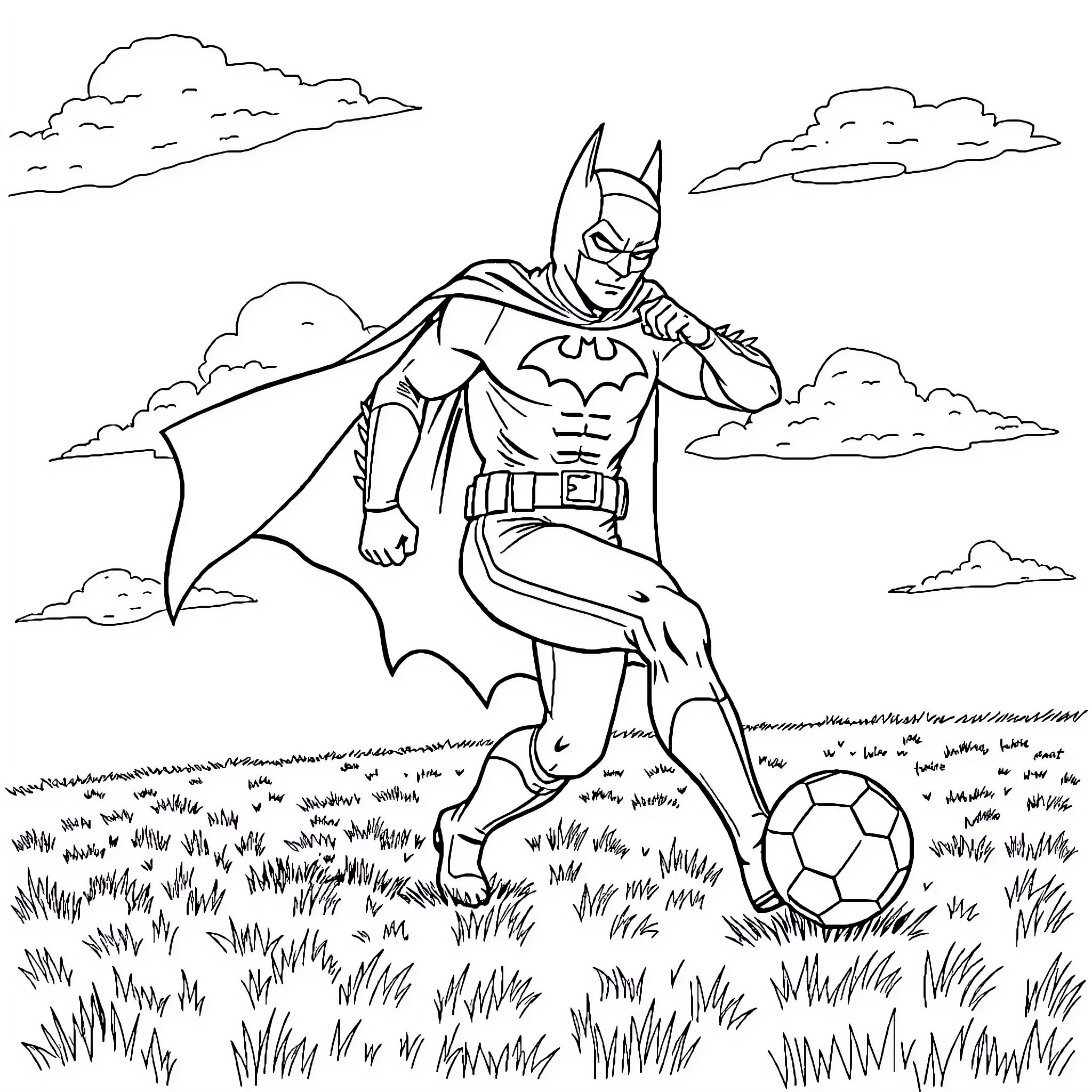 Batman playing with soccer ball in grassy field Coloring Page (free black-and-white line drawing printable PDF for all, from beginners to advanced learners, including children, teens, adults, and seniors)