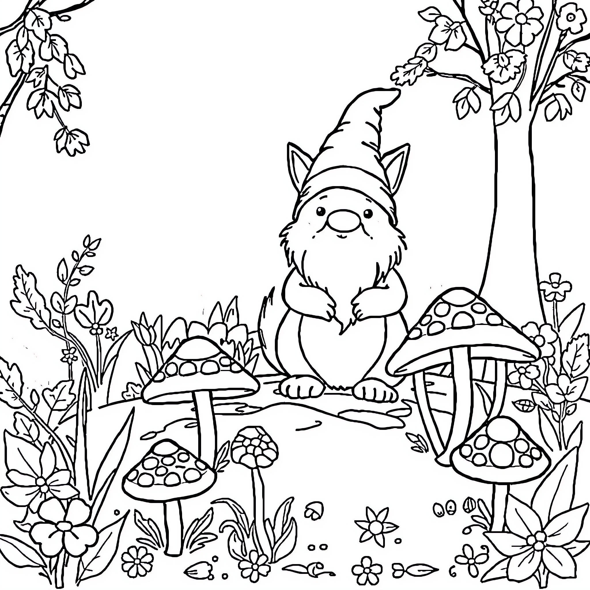 Gnome relaxing in whimsical forest scene Coloring Page (free black-and-white line drawing printable PDF for all, from beginners to advanced learners, including children, teens, adults, and seniors)