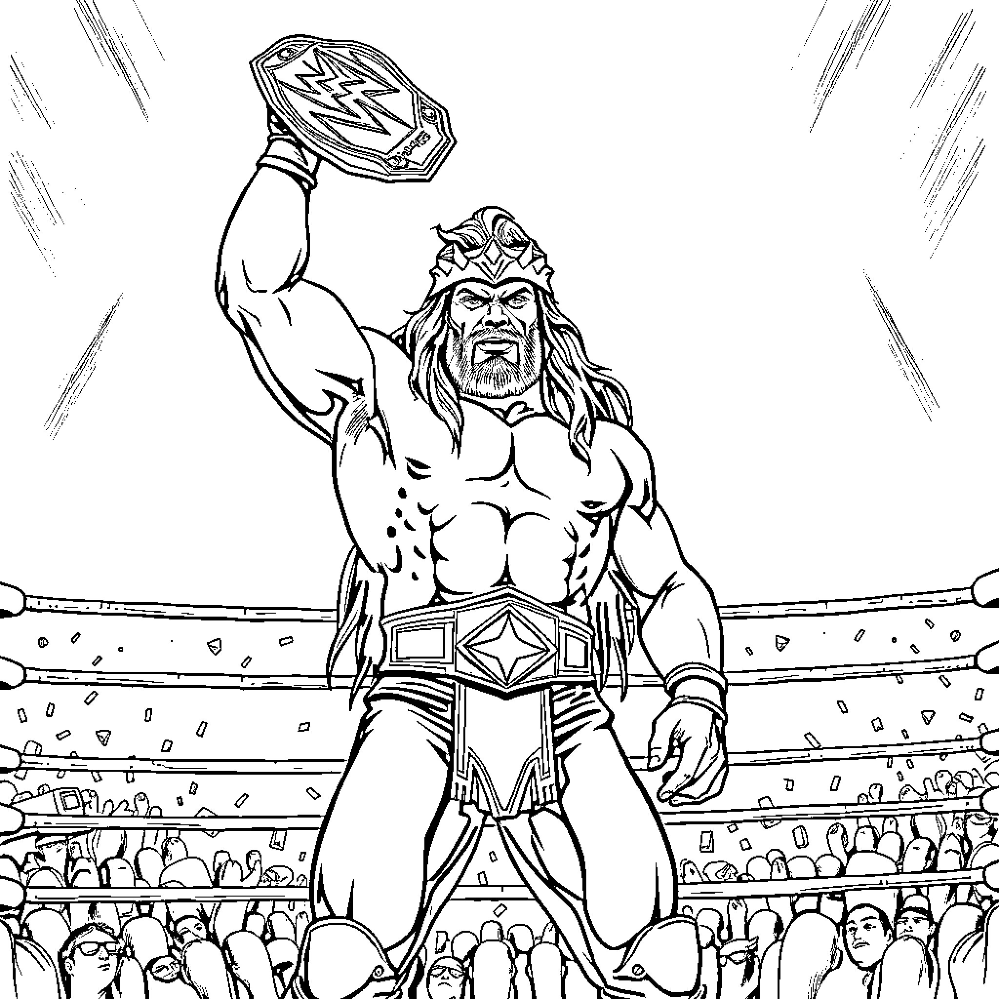 Warrior champion victoriously raising trophy in arena Coloring Page (free black-and-white line drawing printable PDF for all, from beginners to advanced learners, including children, teens, adults, and seniors)