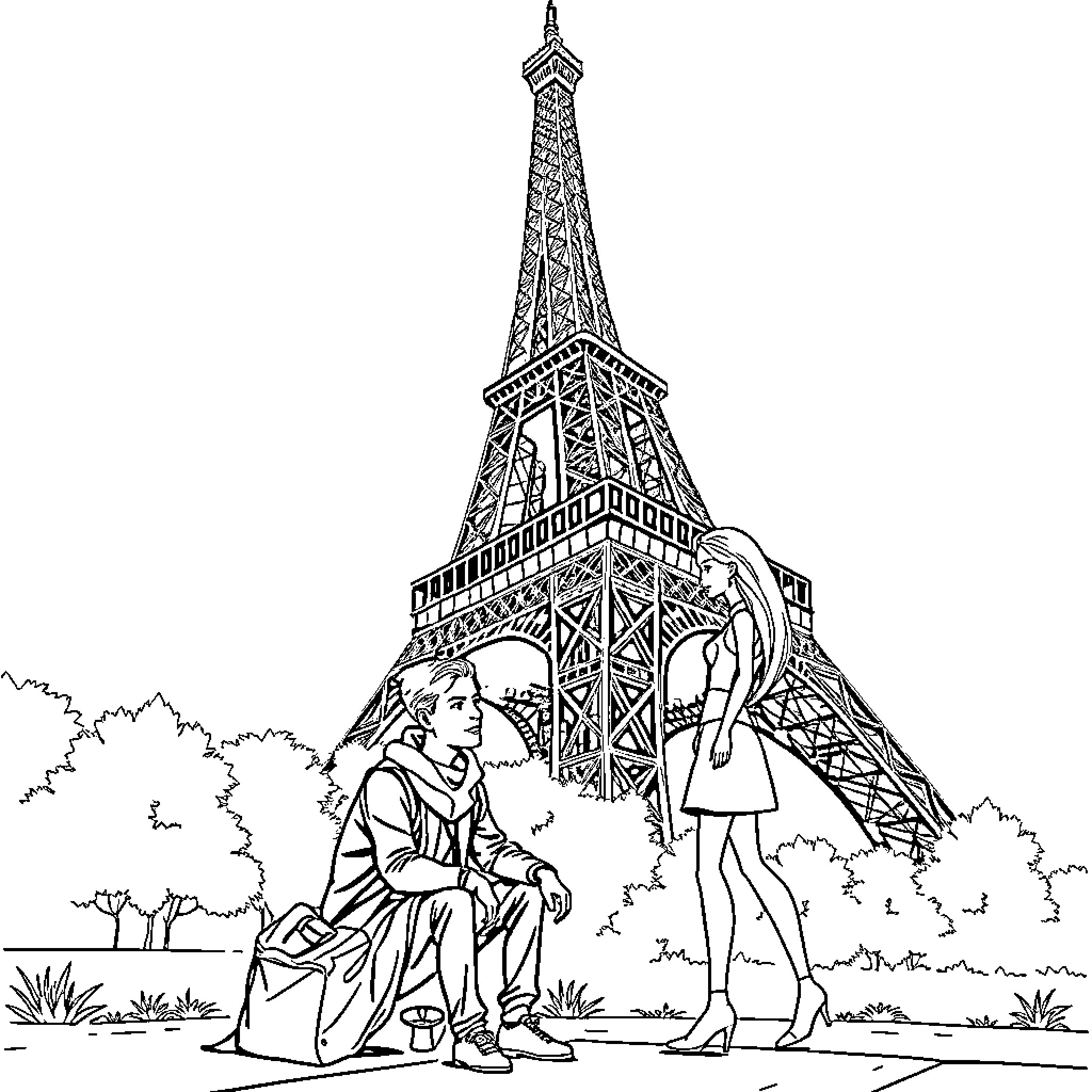 Barbie enjoying a romantic moment in Paris Coloring Page (free black-and-white line drawing printable PDF for all, from beginners to advanced learners, including children, teens, adults, and seniors)