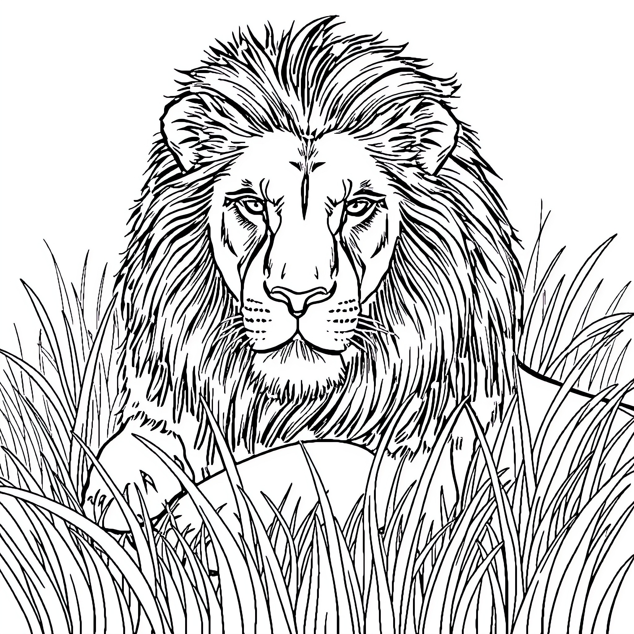 Lion in tall grass with intense gaze Coloring Page (free black-and-white line drawing printable PDF for all, from beginners to advanced learners, including children, teens, adults, and seniors)
