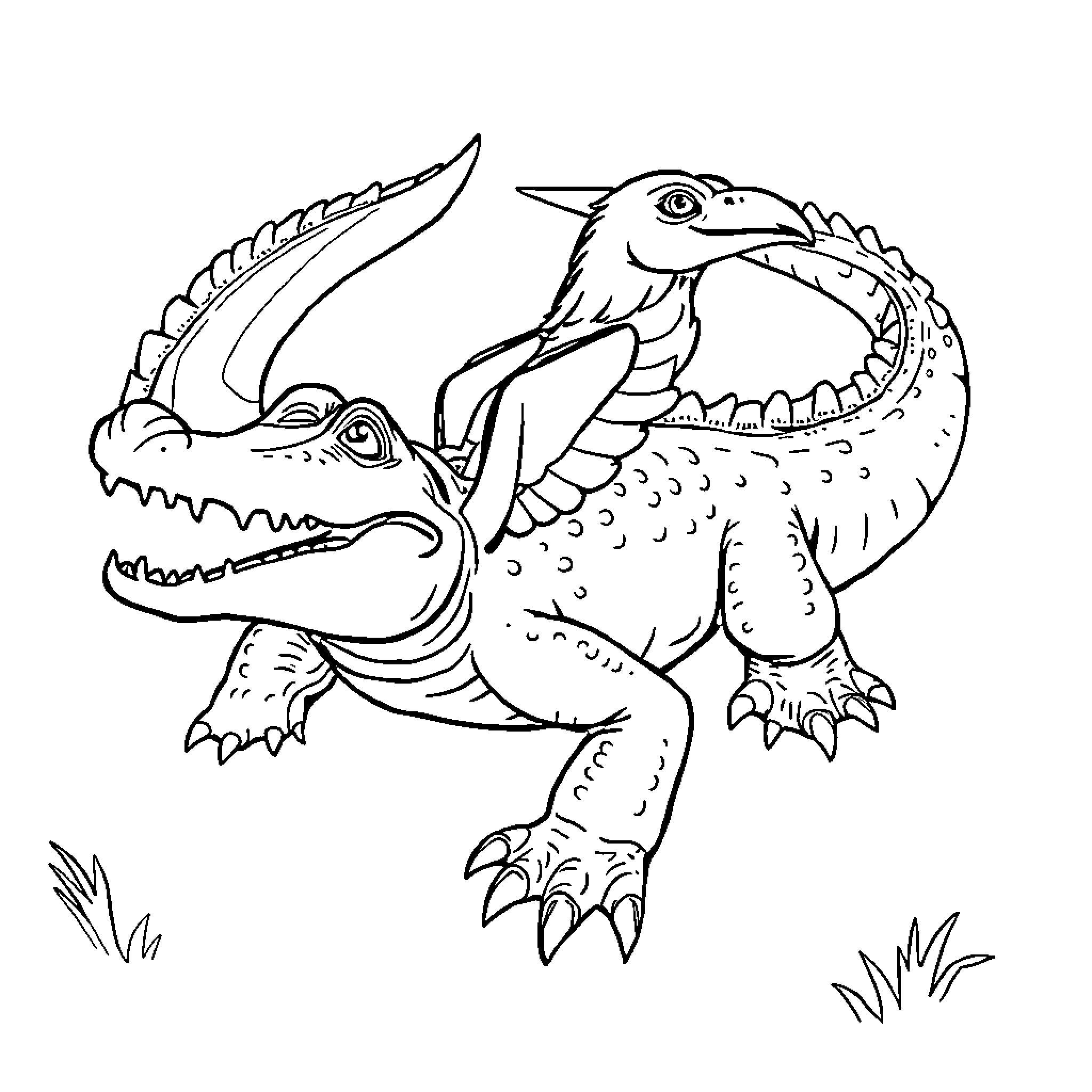 Crocodile creature with open jaws and wings Coloring Page (free black-and-white line drawing printable PDF for all, from beginners to advanced learners, including children, teens, adults, and seniors)