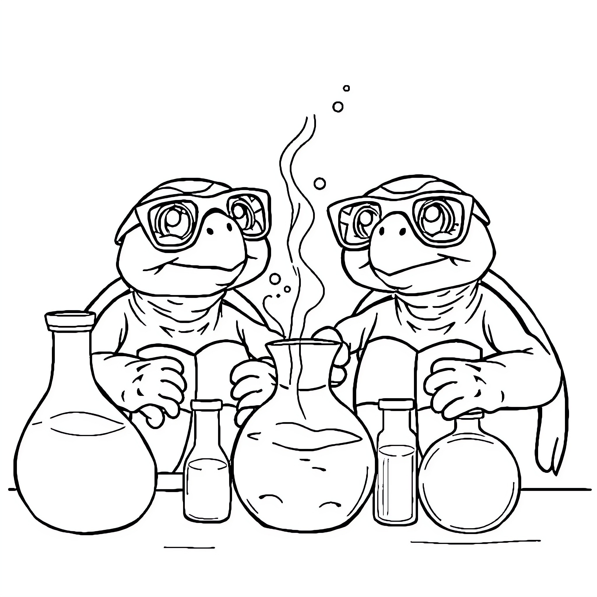Turtle scientists conducting experiments in the lab Coloring Page (free black-and-white line drawing printable PDF for all, from beginners to advanced learners, including children, teens, adults, and seniors)