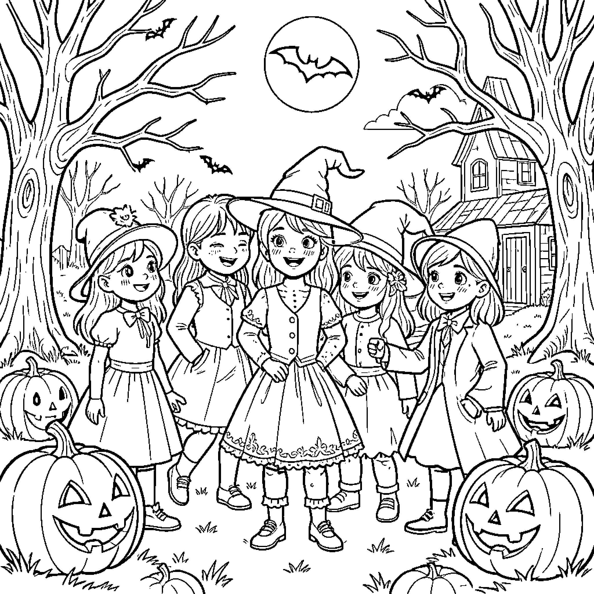 Halloween children wearing costumes and standing near pumpkins Coloring Page (free black-and-white line drawing printable PDF for all, from beginners to advanced learners, including children, teens, adults, and seniors)