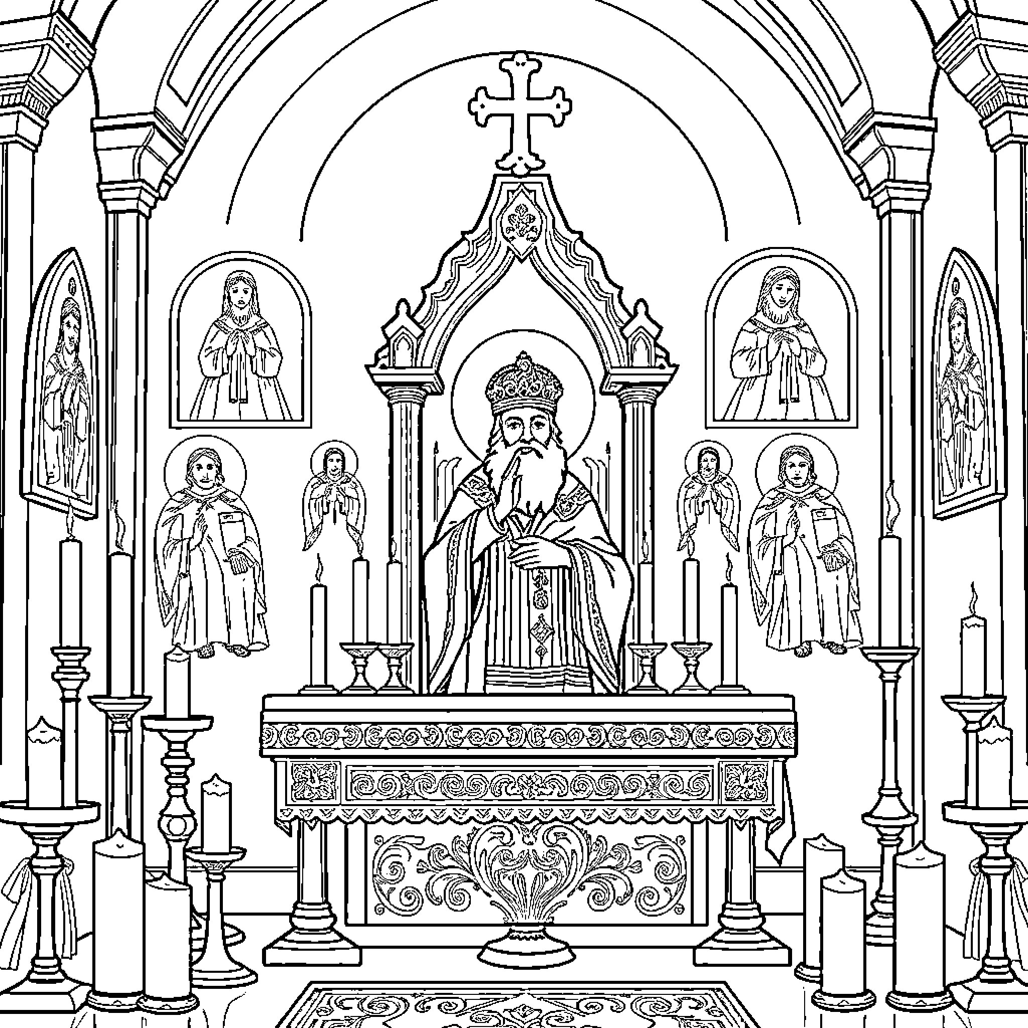 St Nicholas Presiding Over a Ceremonial Catholic Service Coloring Page (free black-and-white line drawing printable PDF for all, from beginners to advanced learners, including children, teens, adults, and seniors)