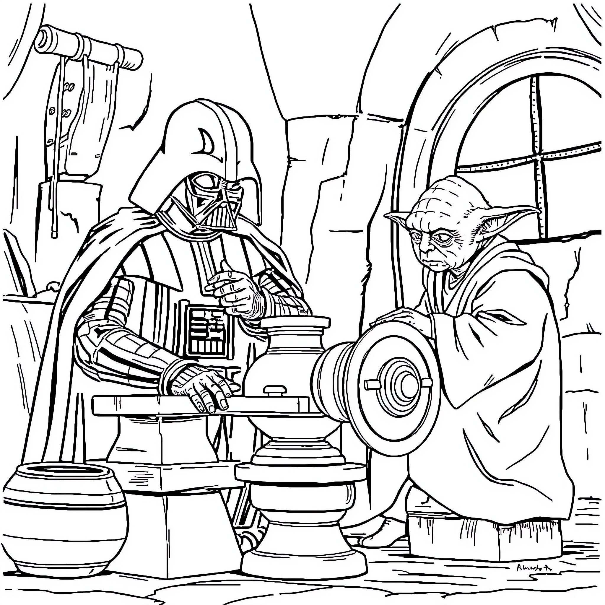 Darth Vader and Yoda in Mysterious Encounter Coloring Page (free black-and-white line drawing printable PDF for all, from beginners to advanced learners, including children, teens, adults, and seniors)