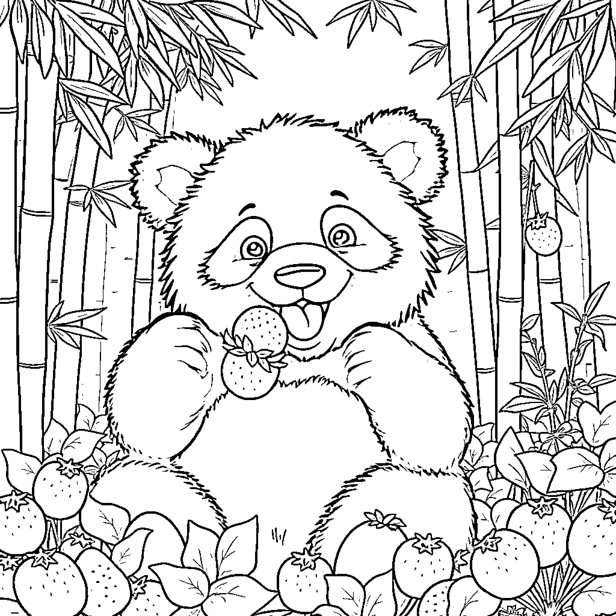 Panda enjoying tasty treat in bamboo forest Coloring Page (free black-and-white line drawing printable PDF for all, from beginners to advanced learners, including children, teens, adults, and seniors)