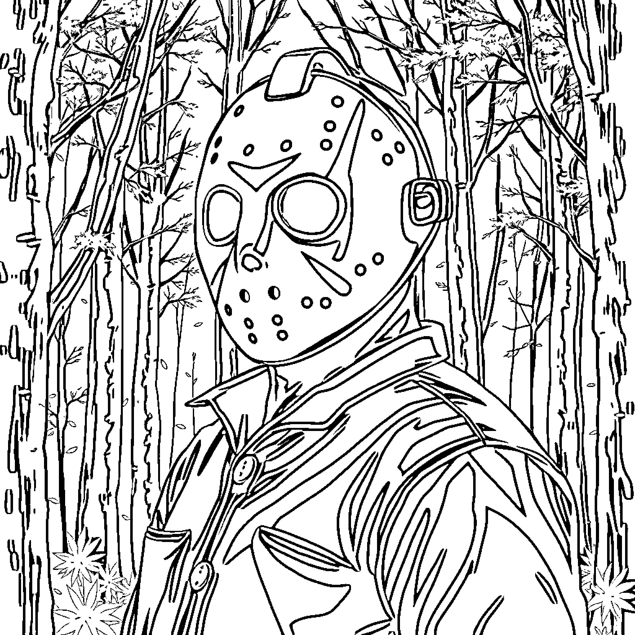 Jason Vorhees stalking through the snowy forest Coloring Page (free black-and-white line drawing printable PDF for all, from beginners to advanced learners, including children, teens, adults, and seniors)