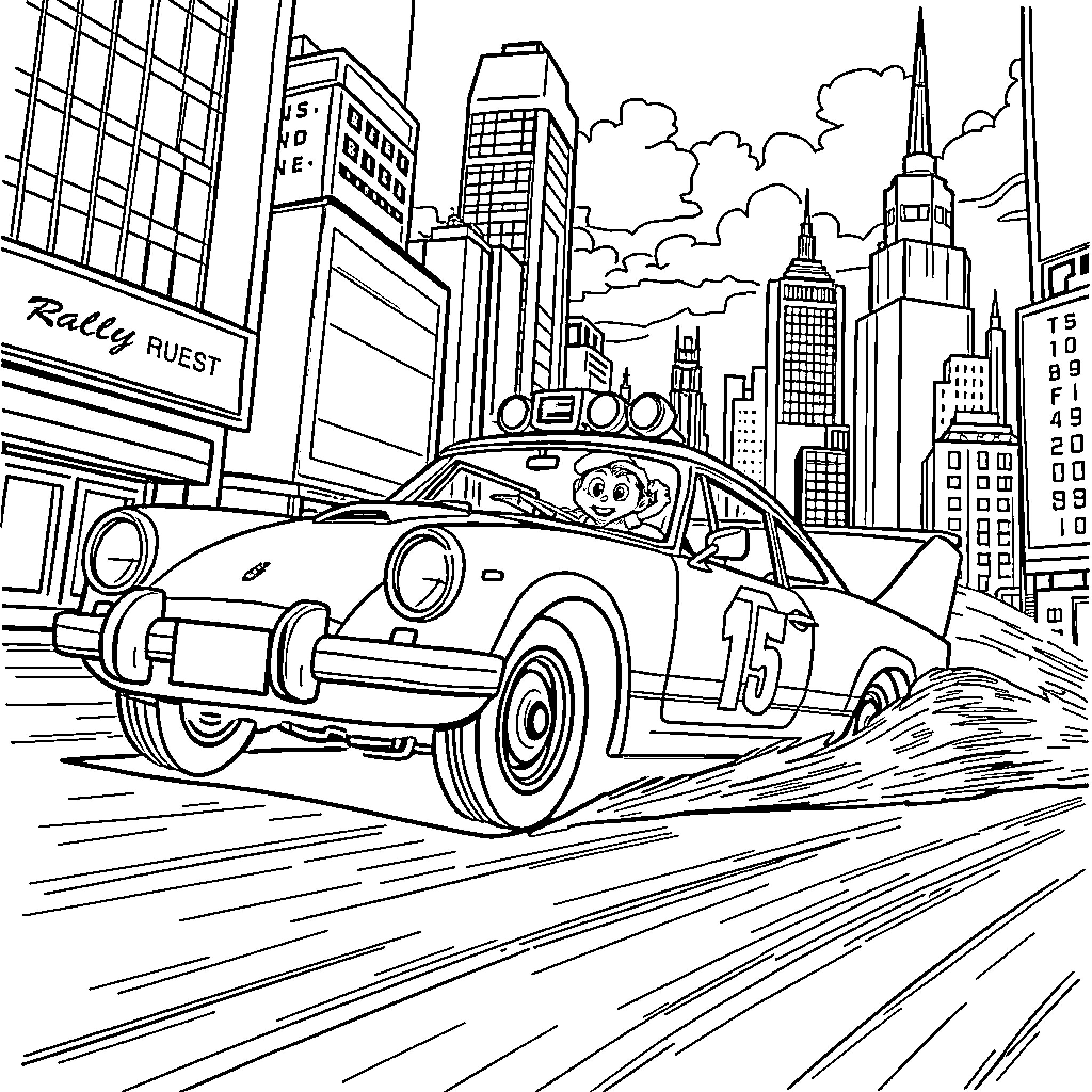 Rally Car Racing Through Busy City Skyline Coloring Page (free black-and-white line drawing printable PDF for all, from beginners to advanced learners, including children, teens, adults, and seniors)