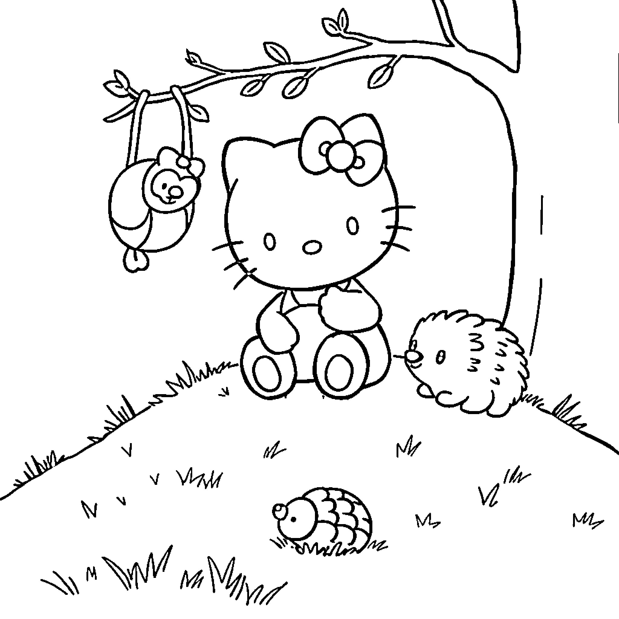Hello Kitty swinging on tree branch with wildlife Coloring Page (free black-and-white line drawing printable PDF for all, from beginners to advanced learners, including children, teens, adults, and seniors)