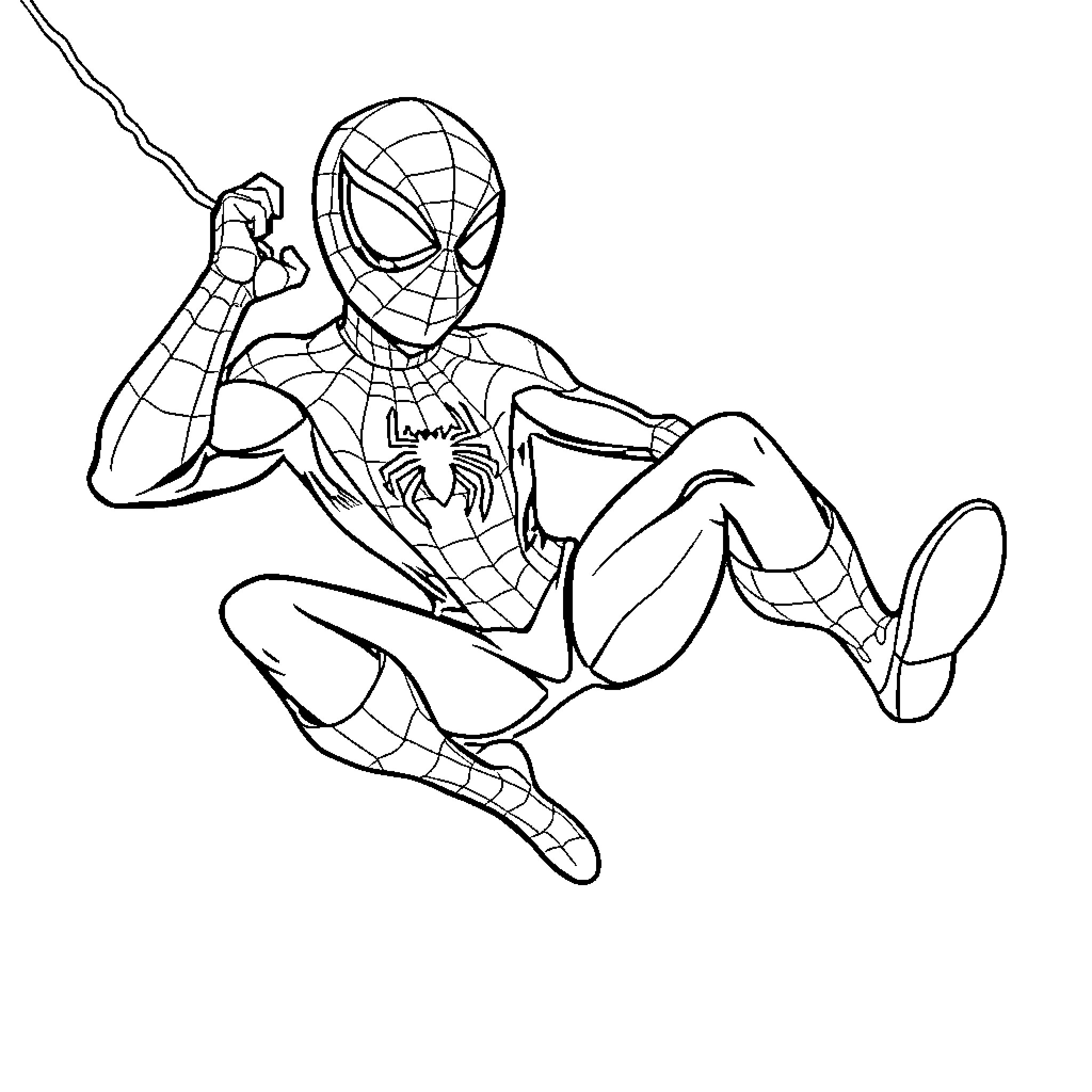 Spiderman swinging and climbing in action Coloring Page (free black-and-white line drawing printable PDF for all, from beginners to advanced learners, including children, teens, adults, and seniors)