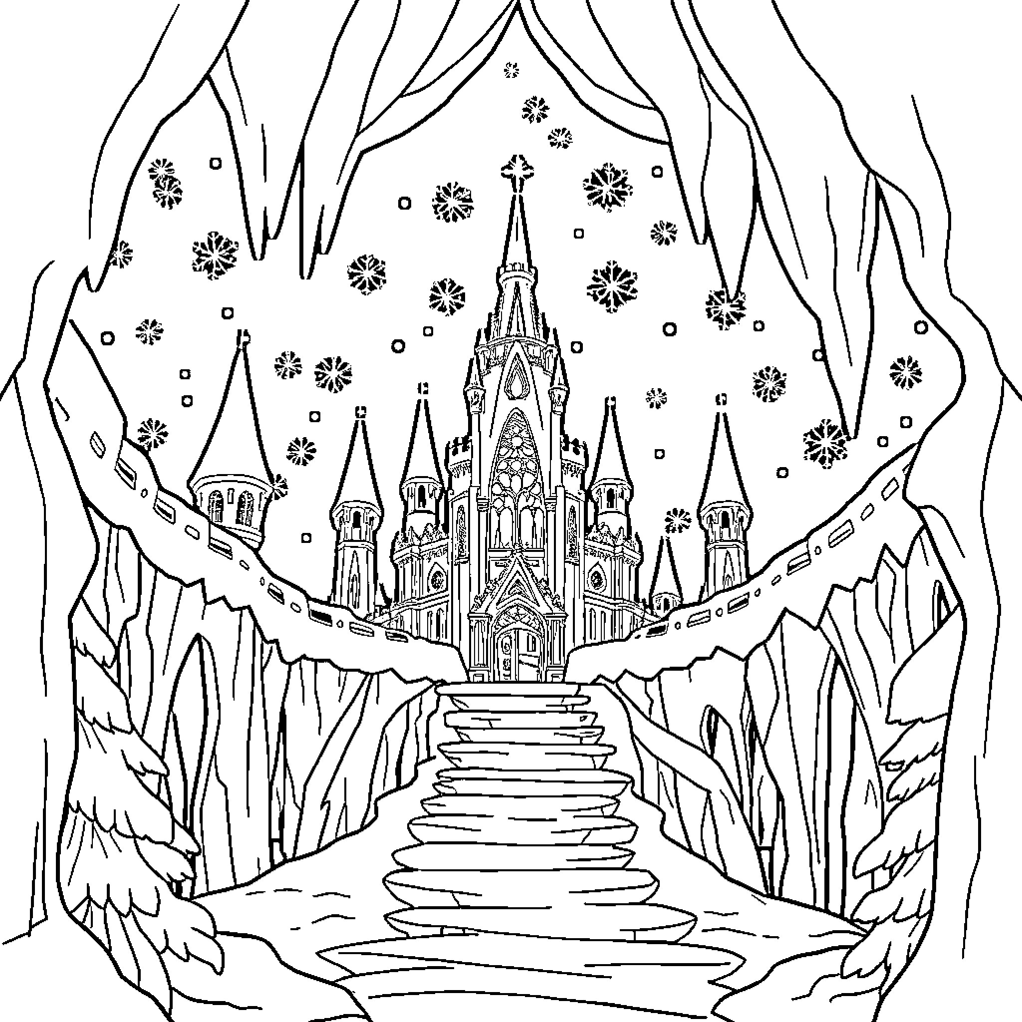 Snow Queen's Enchanted Winter Castle Coloring Page (free black-and-white line drawing printable PDF for all, from beginners to advanced learners, including children, teens, adults, and seniors)