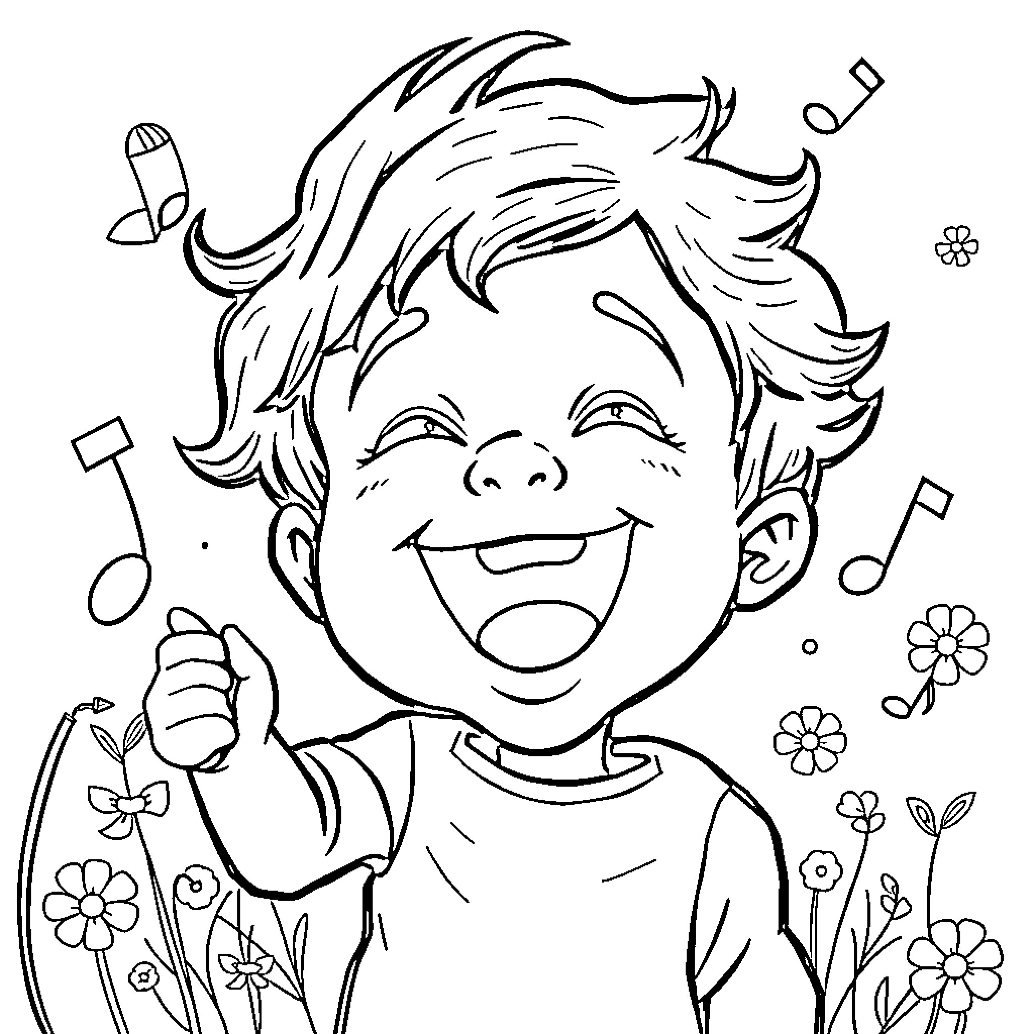 Child happily singing and dancing with flowers Coloring Page (free black-and-white line drawing printable PDF for all, from beginners to advanced learners, including children, teens, adults, and seniors)