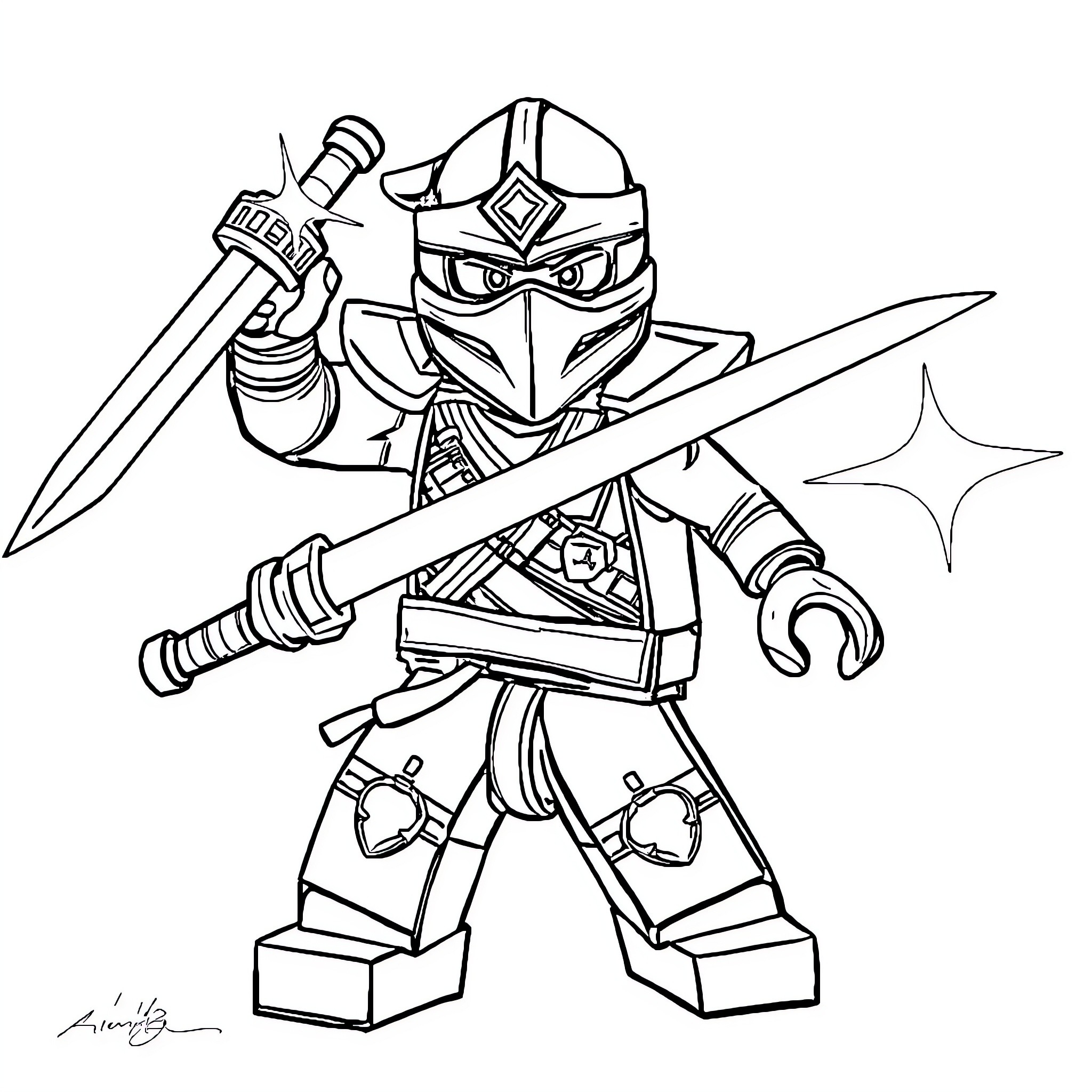 Robot Warrior Wielding Sword and Dagger Coloring Page (free black-and-white line drawing printable PDF for all, from beginners to advanced learners, including children, teens, adults, and seniors)