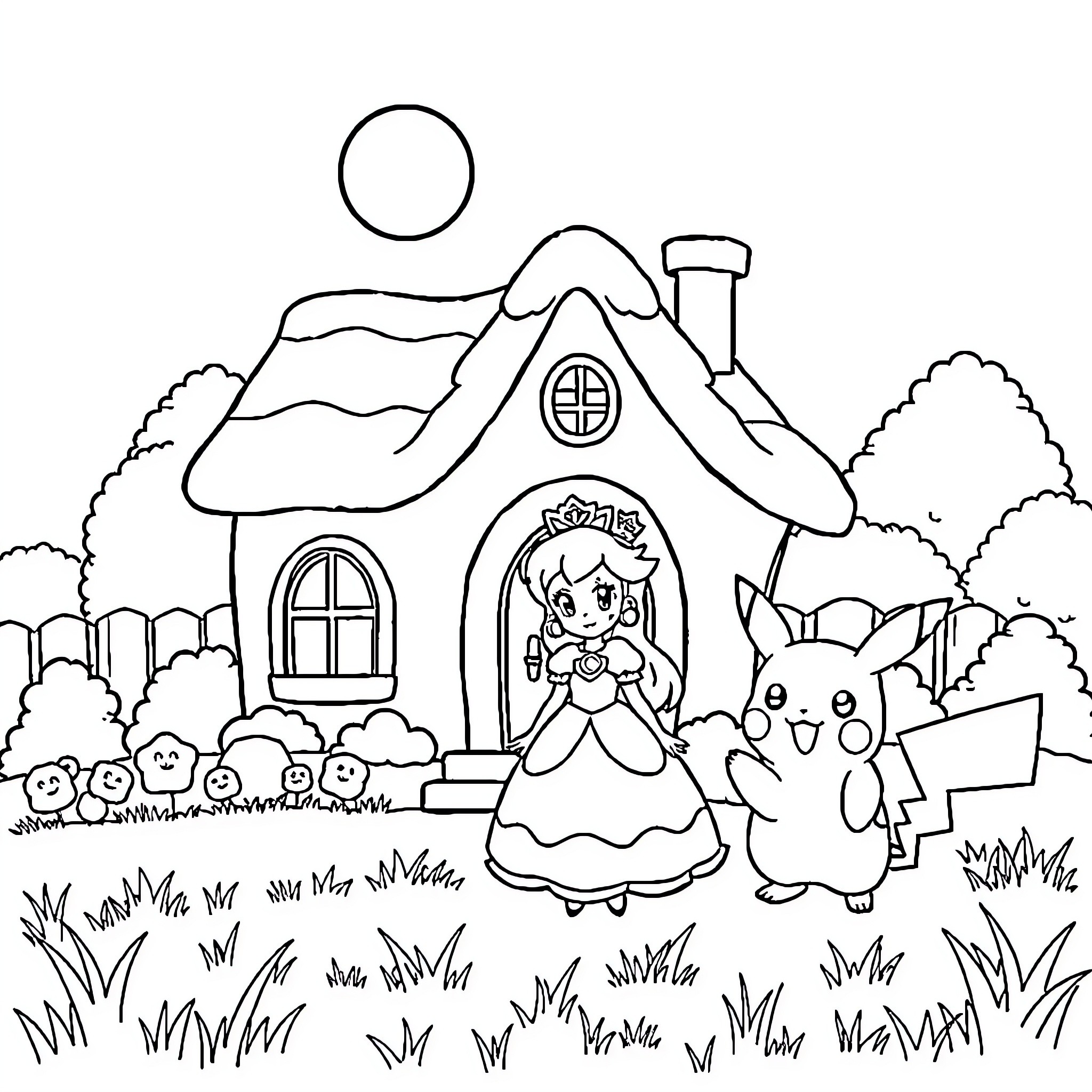 Bluey exploring a magical cottage with Pikachu Coloring Page (free black-and-white line drawing printable PDF for all, from beginners to advanced learners, including children, teens, adults, and seniors)