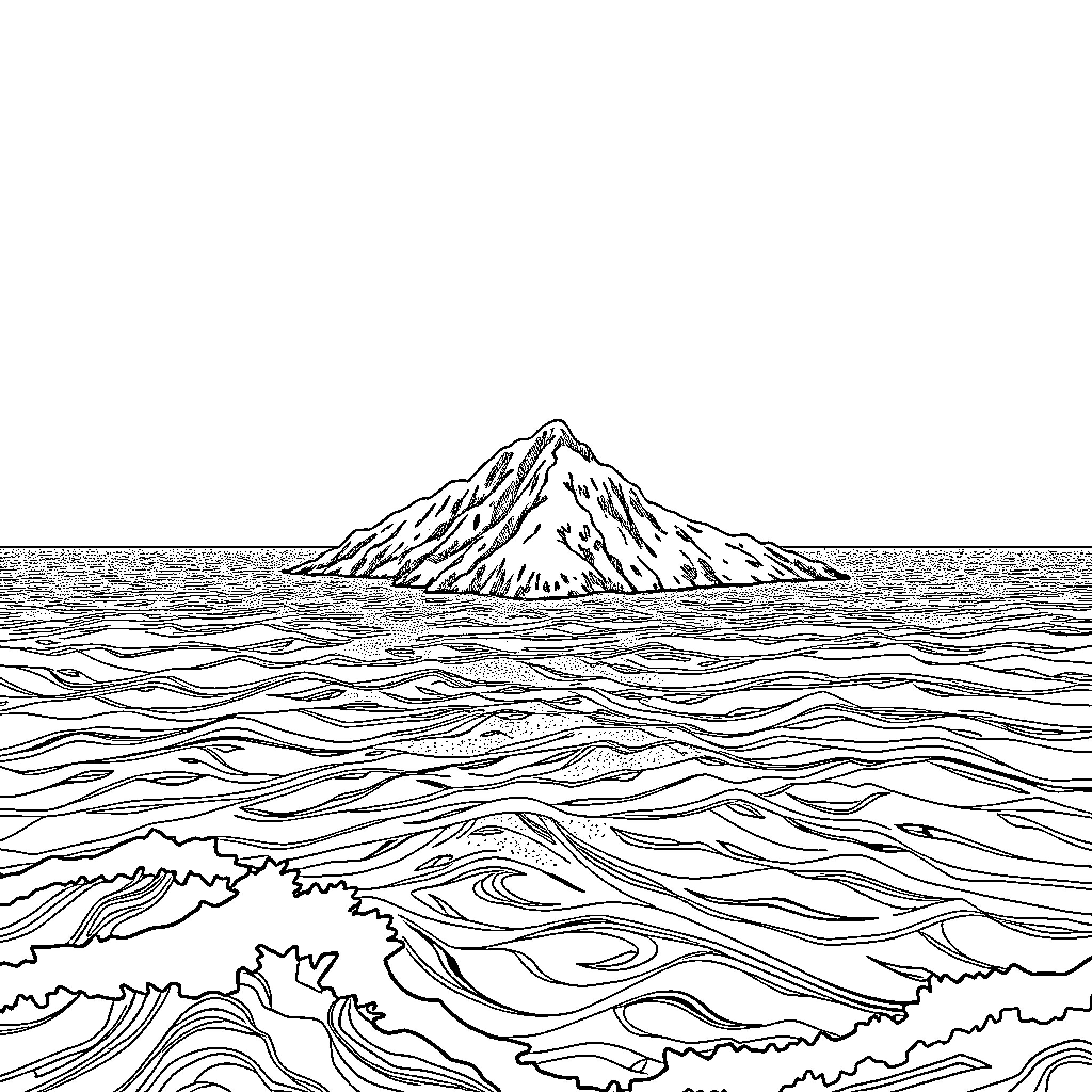 Island with Dramatic Waves and Scenery Coloring Page (free black-and-white line drawing printable PDF for all, from beginners to advanced learners, including children, teens, adults, and seniors)
