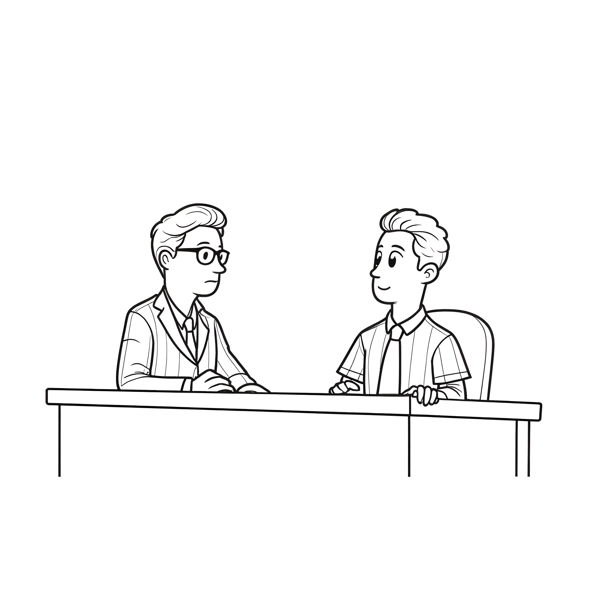 Detective Colleagues Discussing Important Case Coloring Page (free black-and-white line drawing printable PDF for all, from beginners to advanced learners, including children, teens, adults, and seniors)