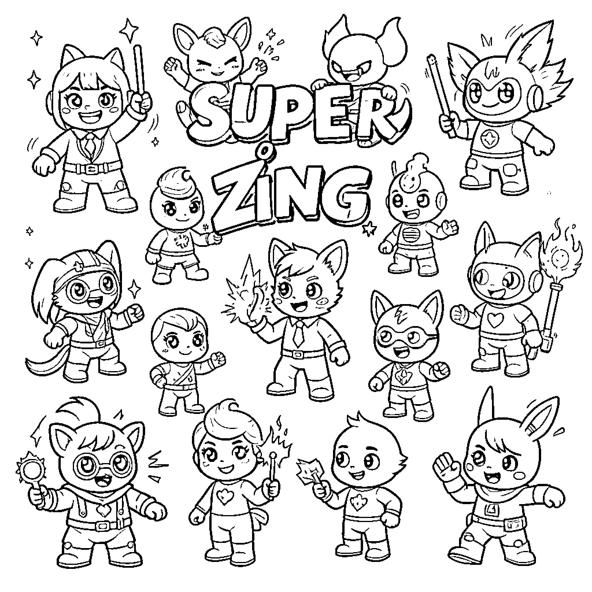 Super Zing: Charming Characters Bursting with Excitement Coloring Page (free black-and-white line drawing printable PDF for all, from beginners to advanced learners, including children, teens, adults, and seniors)